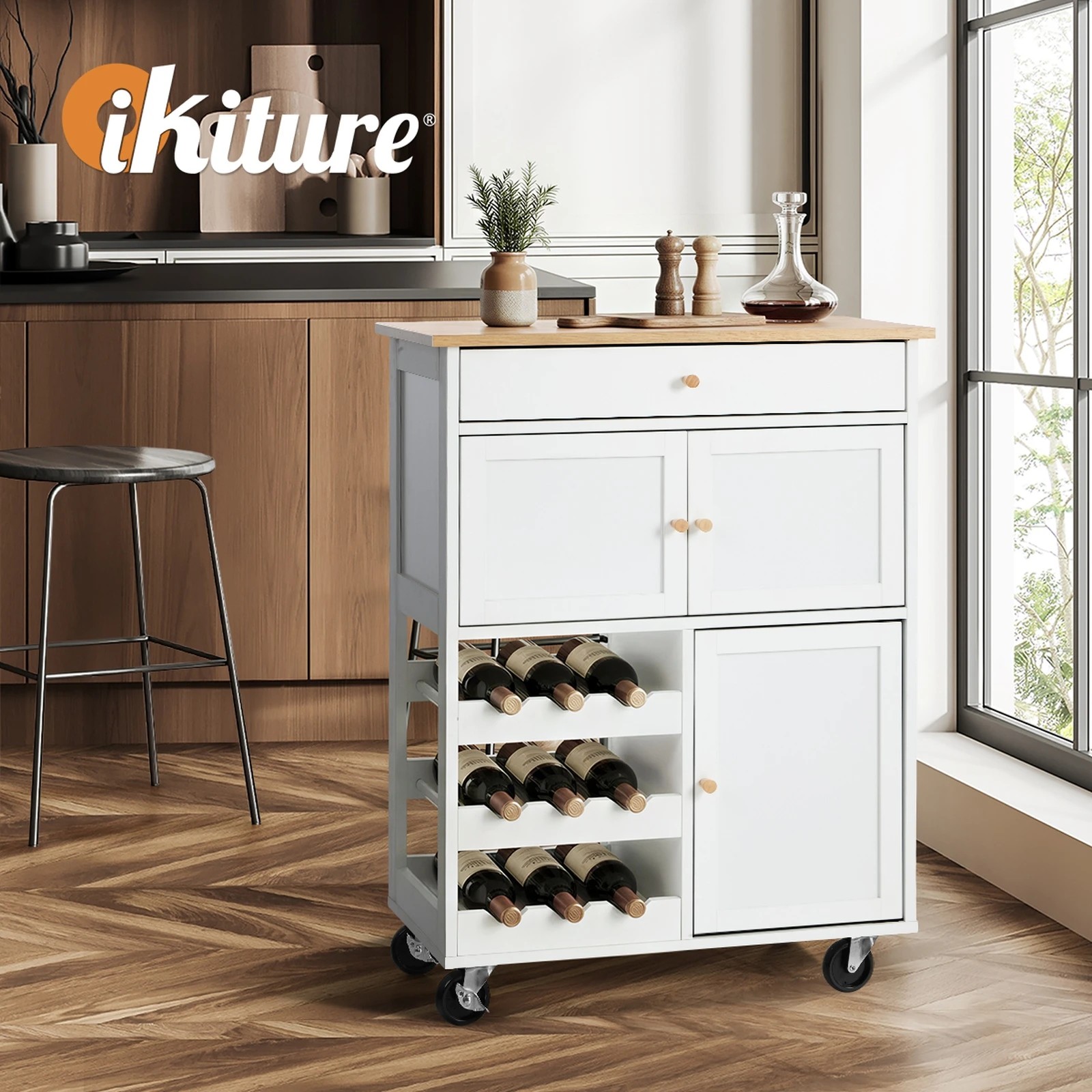 6 Oikiture Kitchen Island Trolley With Wine Rack - White, 6 of 10