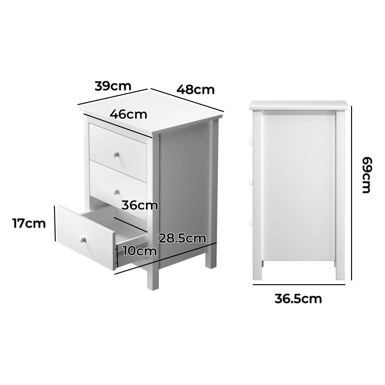 10 Oikiture Bedside Table 3 Drawers Storage Cabinet Nightstand
 - White, 10 of 10