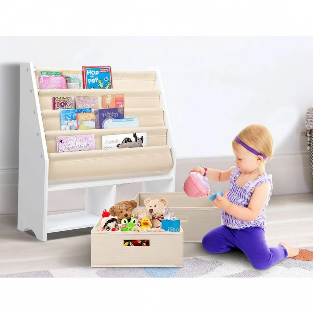7 Keezi 4 Tiers Kids Bookshelf Magazine Rack Children Bookcase Organiser Drawer Kids Bookshelf Organizer - White, 7 of 10