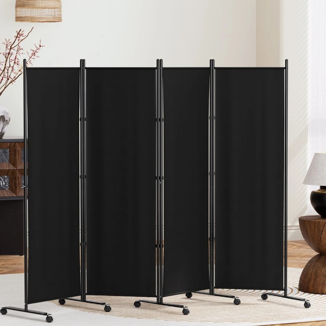 3 Artiss 4 Panel Room Divider Screen 217cm Fabric with Wheels Foldable Folding Metal Steel Frame Privacy Partition - black, 3 of 7
