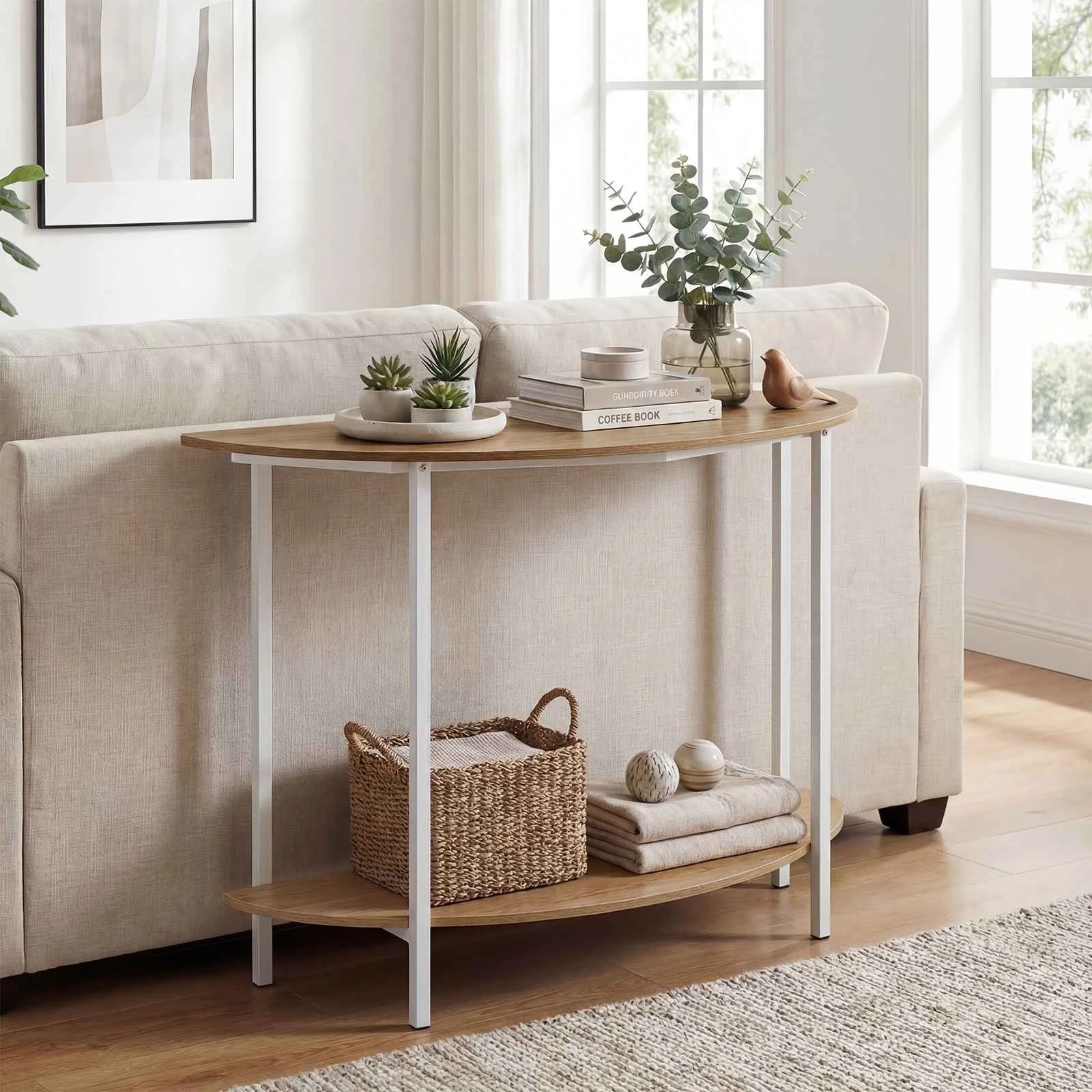 2 Costway Half-moon Console Table 2-Tier Storage Shelf Entryway Hallway - Natural, 2 of 6