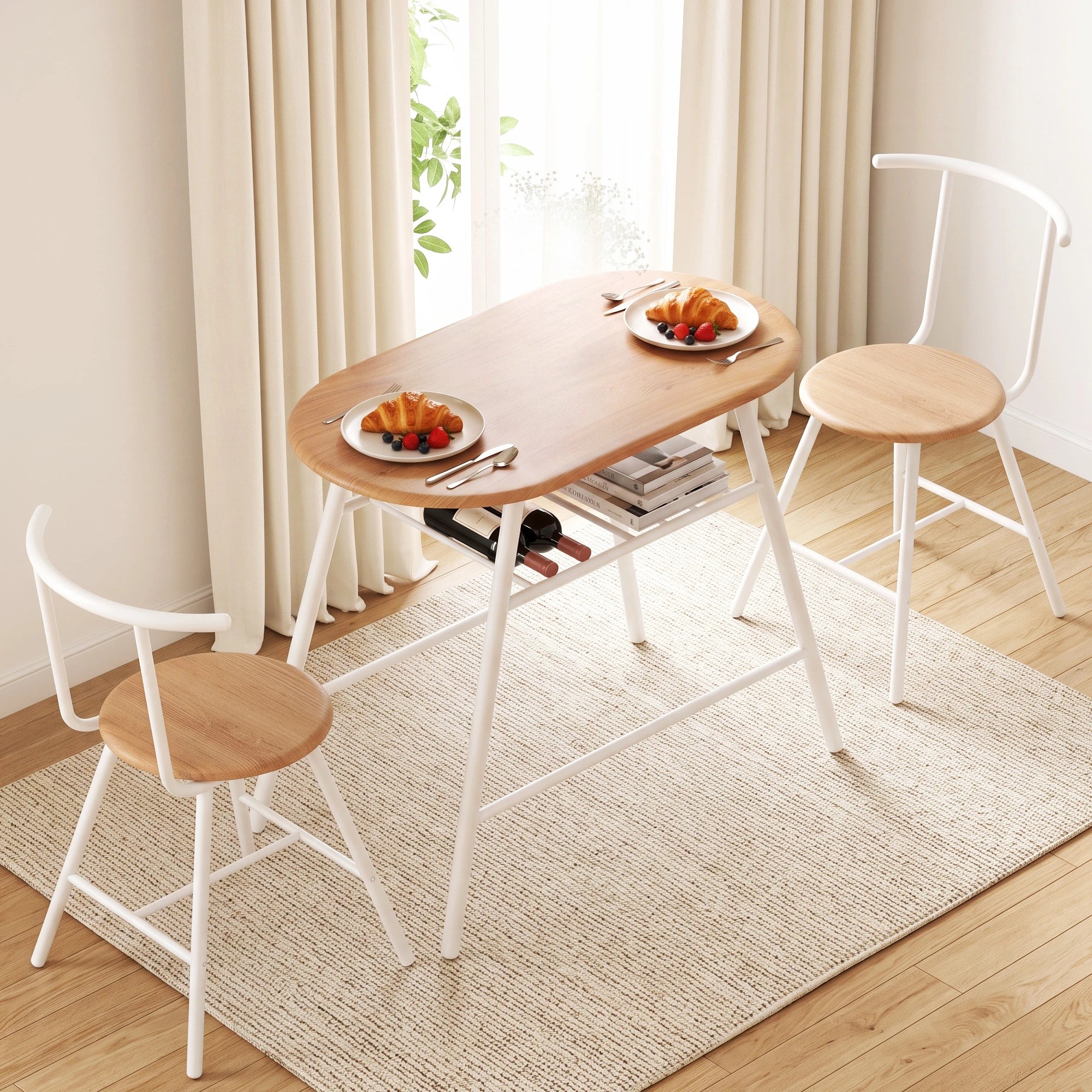 10 Artiss Oval Dining Table Set 3PC Space-Saving Bistro Kitchen Storage Wine Rack - Multi, 10 of 10