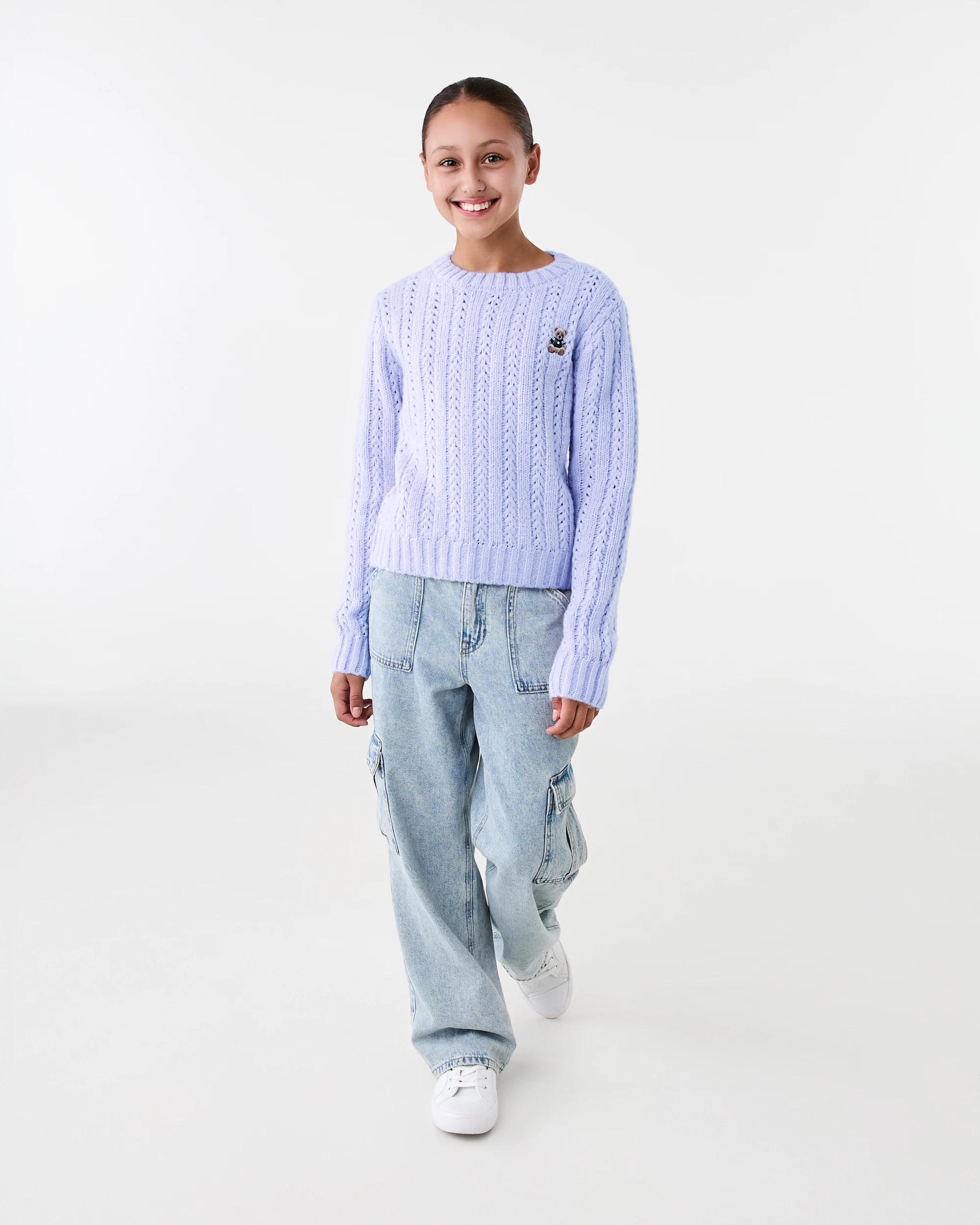 6 Cable Bear Crew Knit Sweatshirt Prple Bear, 6 of 7