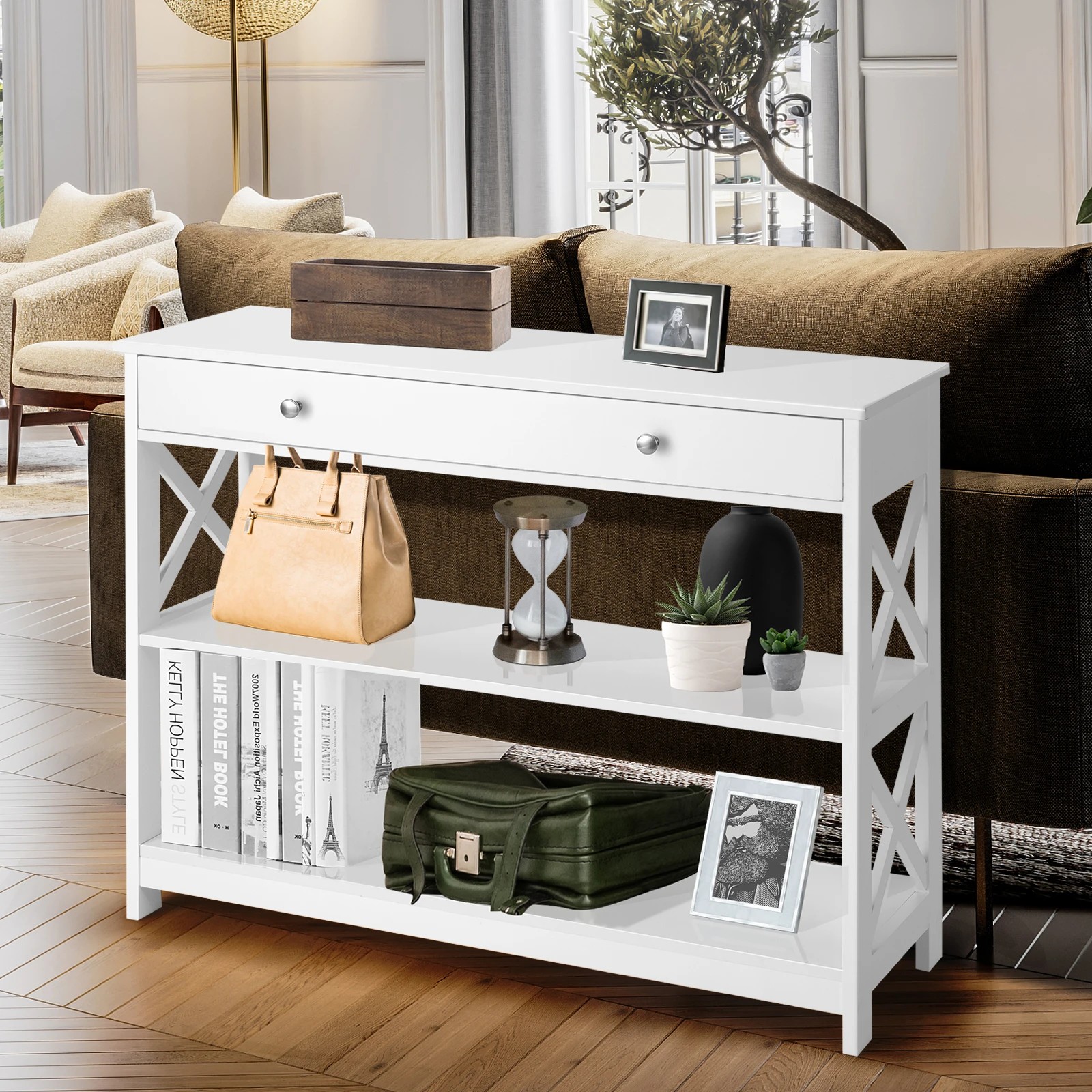 8 Costway 3-Tier Console Table w/Drawer Display Table - White, 8 of 10