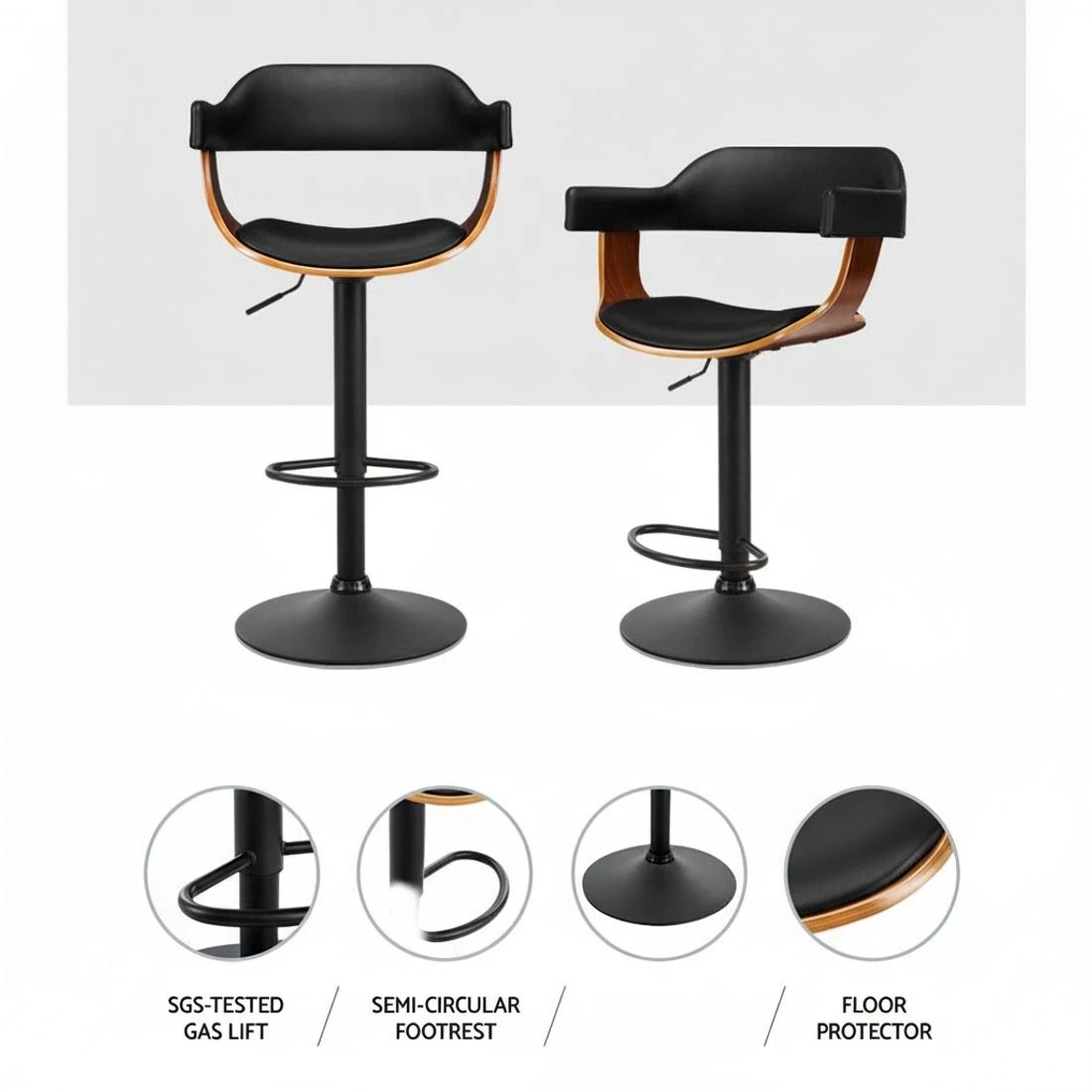 3 Artiss Bar Stools Gas Lift Leather w/Armrest All - Black, 3 of 5