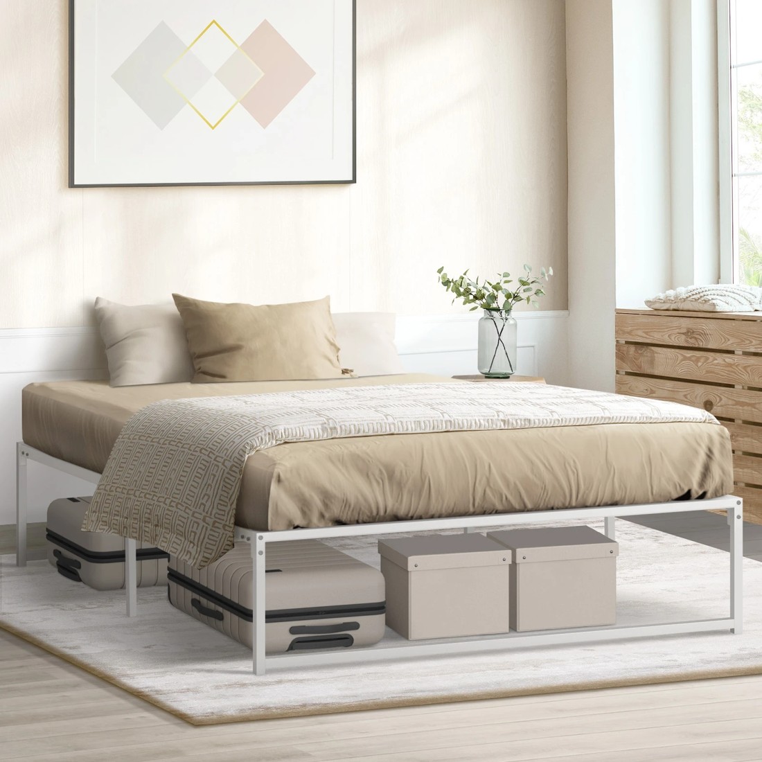 2 Oikiture Metal Bed Frame Queen Size Beds Base Platform
 - White, 2 of 9