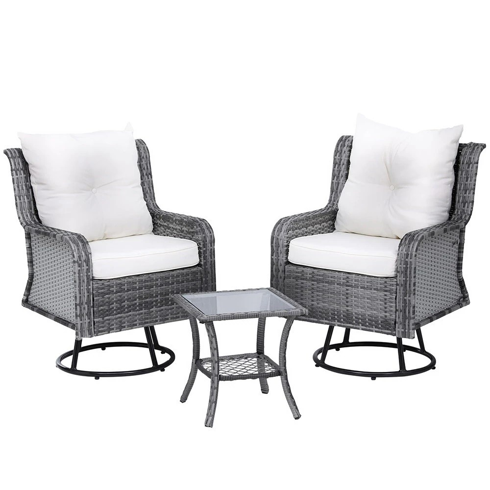 1 Gardeon 3PC Outdoor Furniture Bistro Set Lounge Wicker Swivel Chairs Table - Grey, 1 of 5