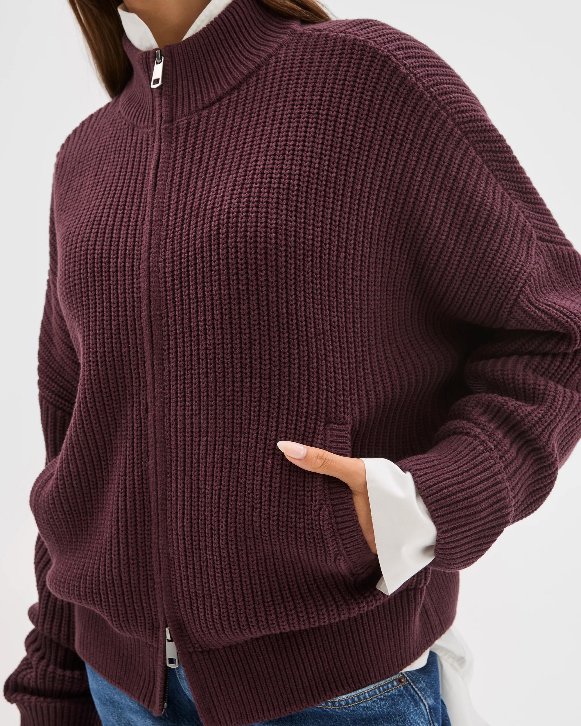 5 Lily Loves Australian Cotton Blend Zip Through Rib Cardigan FUDGE, 5 of 7