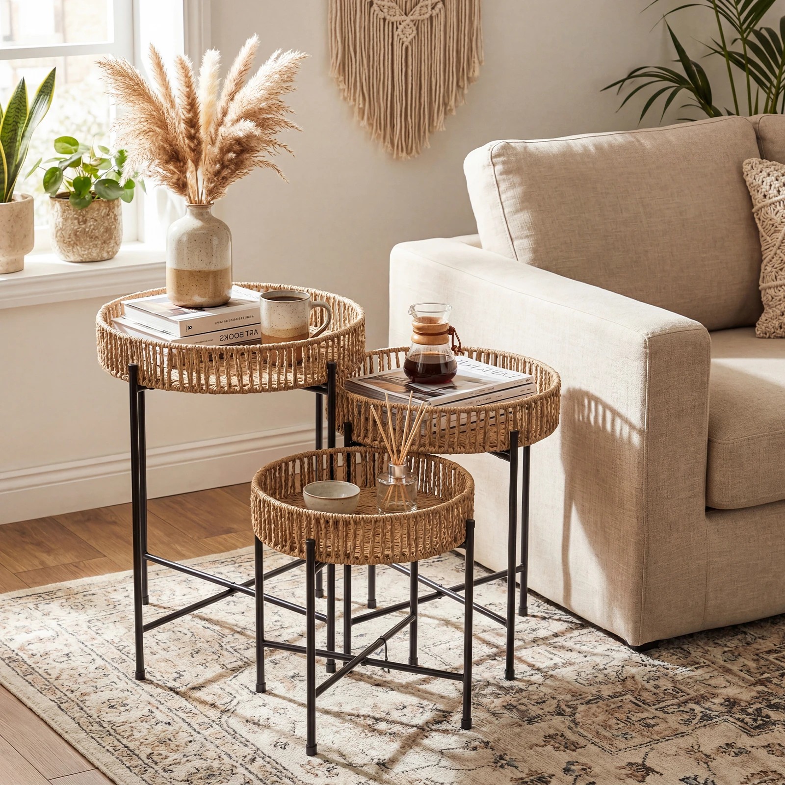 4 Costway Nesting Side Table Set of 3 Round End Table Coffee Table Nightstand, 4 of 4