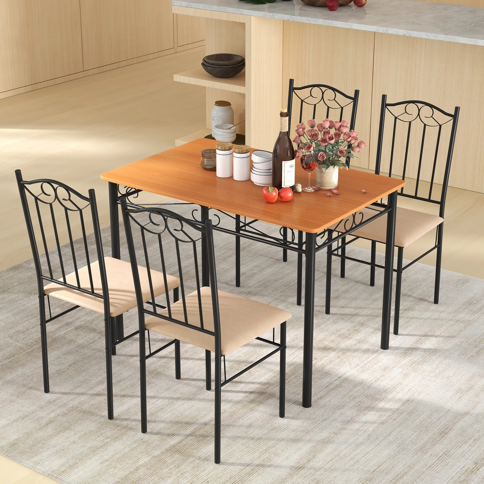 2 Costway 5PCS Dining Table Set Kitchen Table & Chairs Indoor Furniture w/4 Stool, 2 of 4