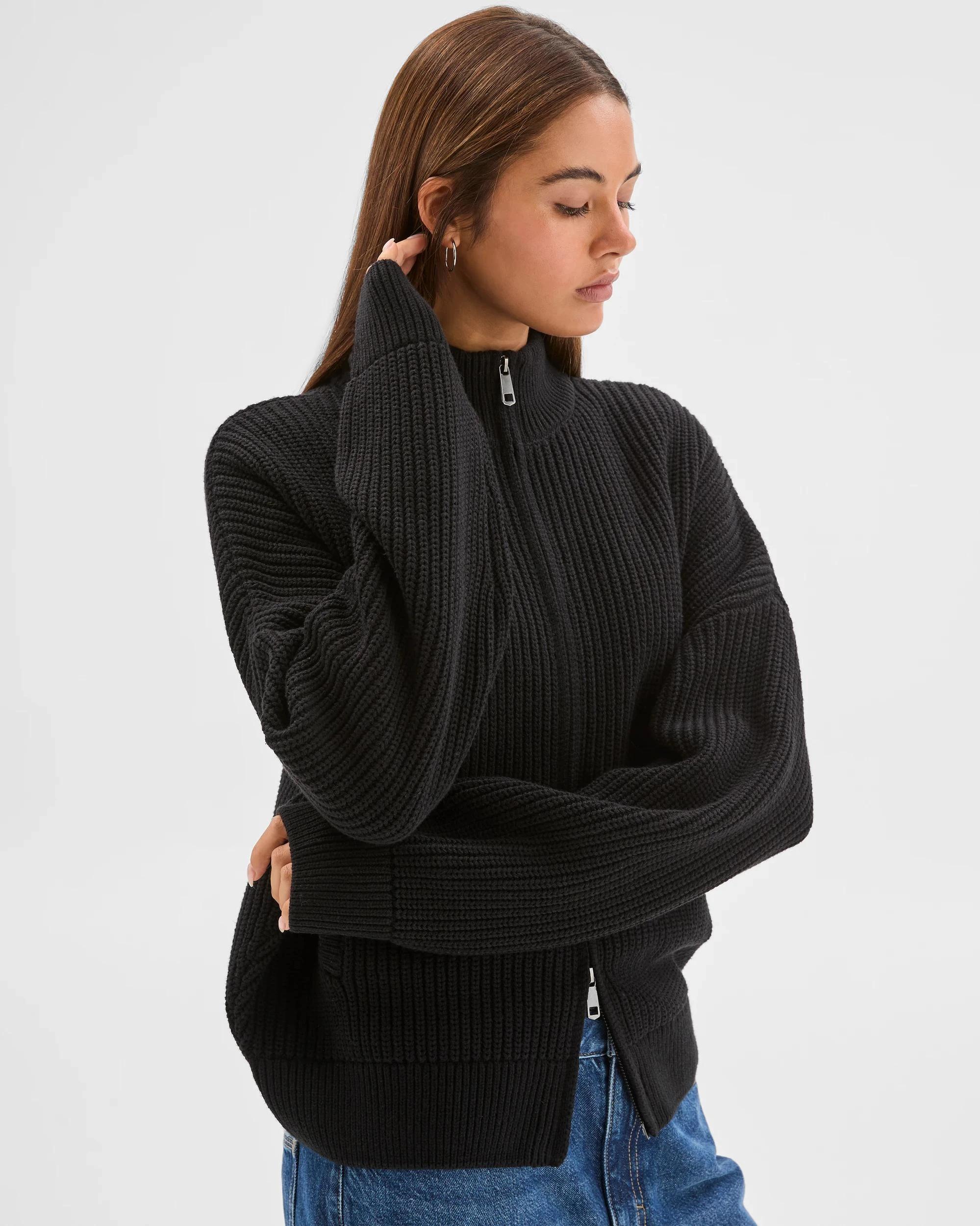 2 Lily Loves Australian Cotton Blend Zip Through Rib Cardigan BLACK, 2 of 7