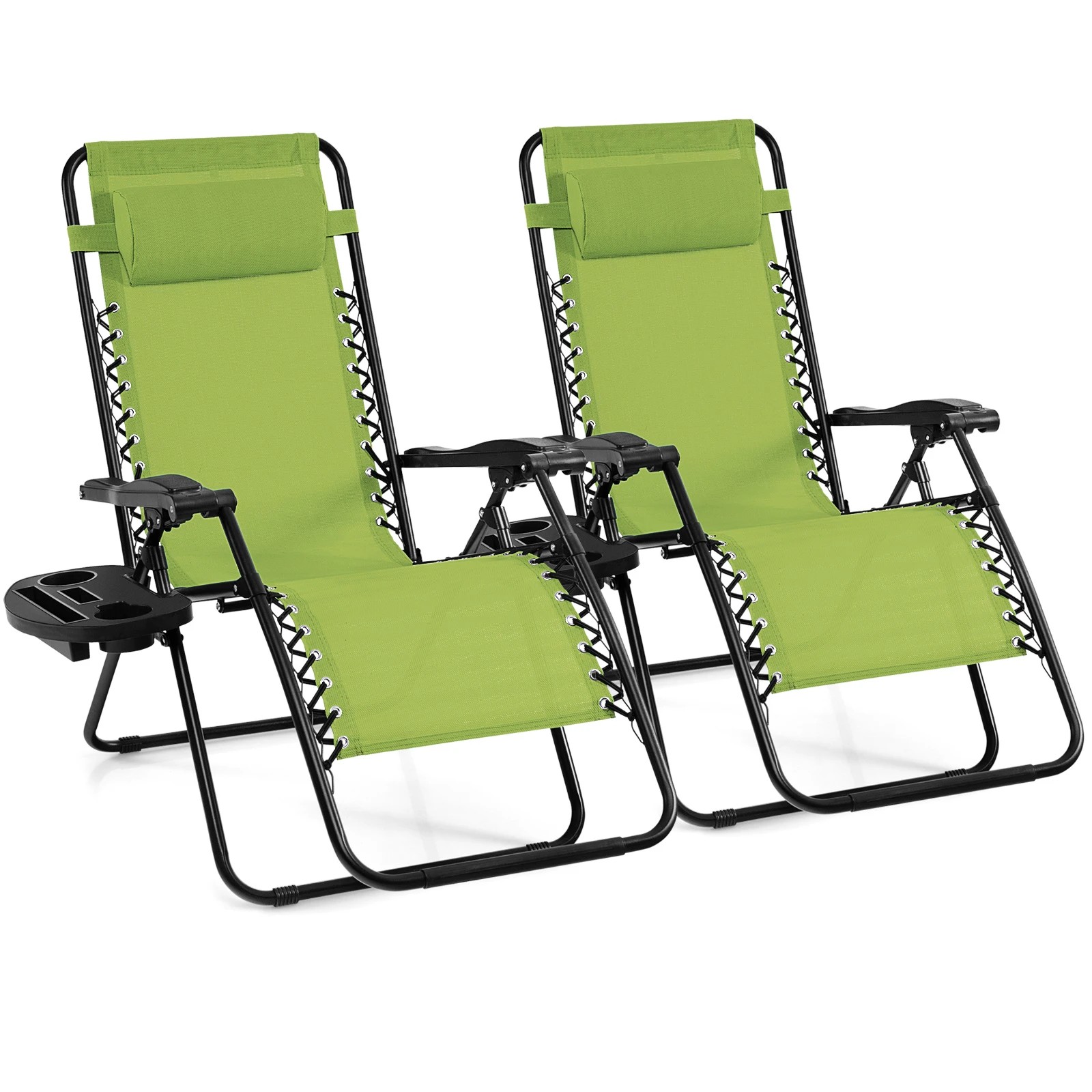 1 Costway 2x Folding Zero Gravity Chair Patio Sun Lounge Recliner w/Side Tray - Green, 1 of 1
