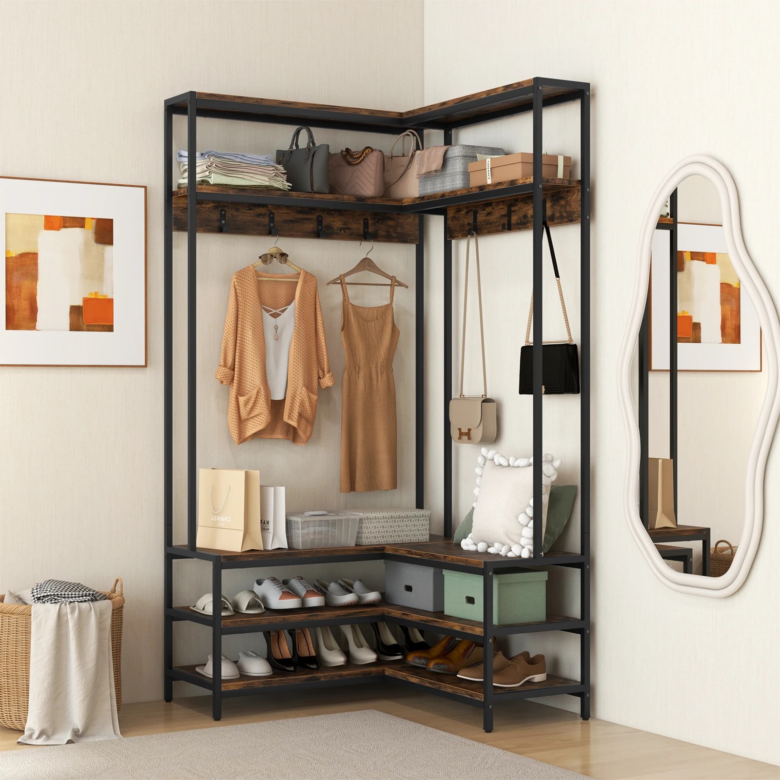 3 Costway 5-Tier Coat Rack L-shaped Corner Garment Display Shelf w/Shoe Storage Clothes Stand Organiser - Brown, 3 of 4