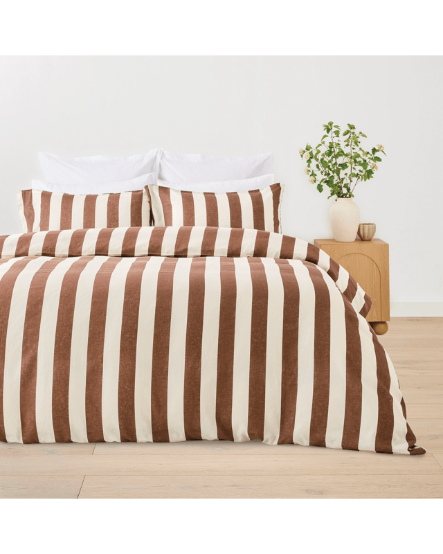 Stripe Cotton Linen Quilt Cover Set - Queen Bed, Choco