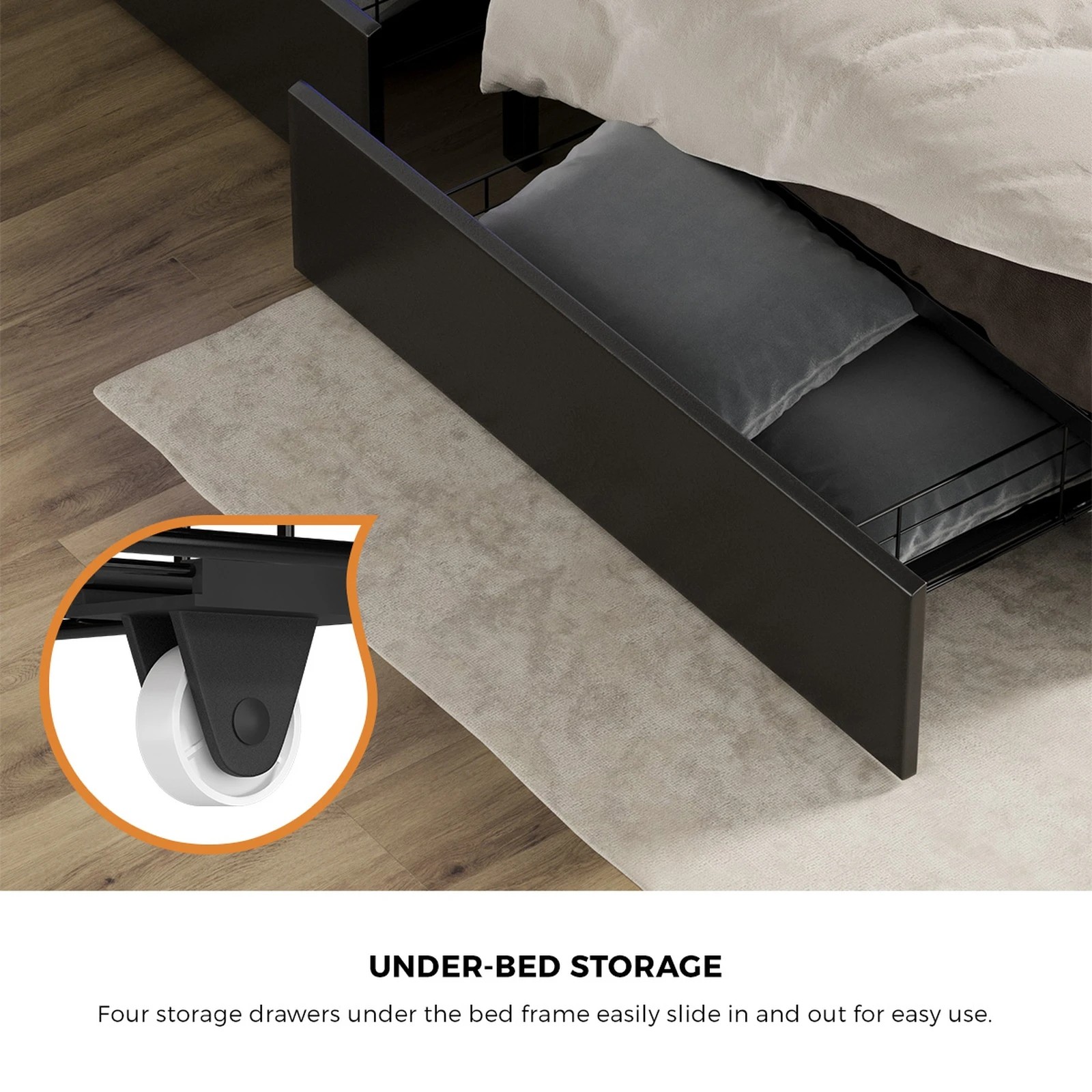 6 Oikiture Bed Frame King Size LED Storage Headboard USB Charge 4 Drawers - Black, 6 of 9