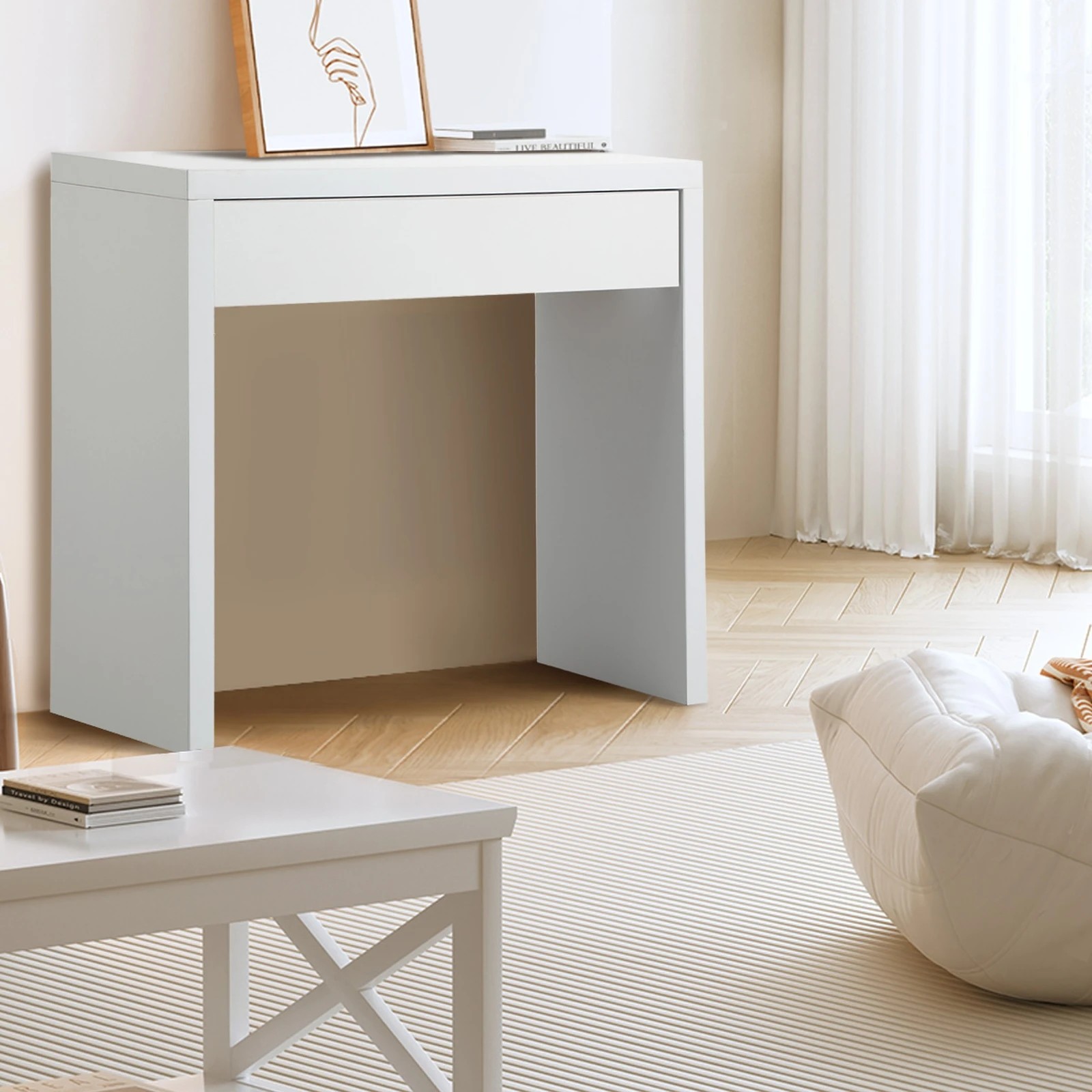 9 Oikiture Console Table Wood Sofa Table Hall Side Entry With Drawer
 - White, 9 of 10