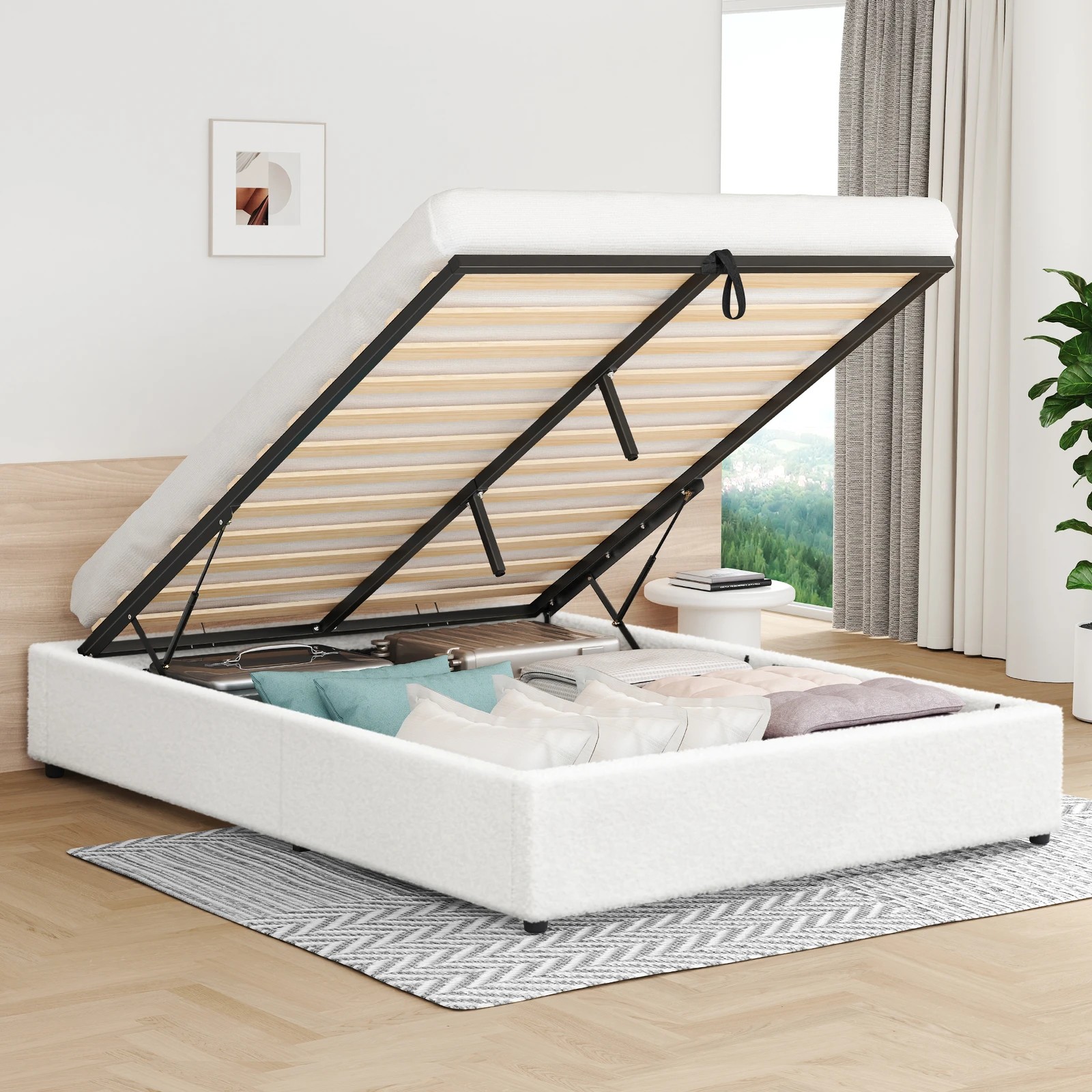 2 Alfordson Bed Frame Double Size Gas Lift Storage Mattress Base Boucle Barlow - White, 2 of 10