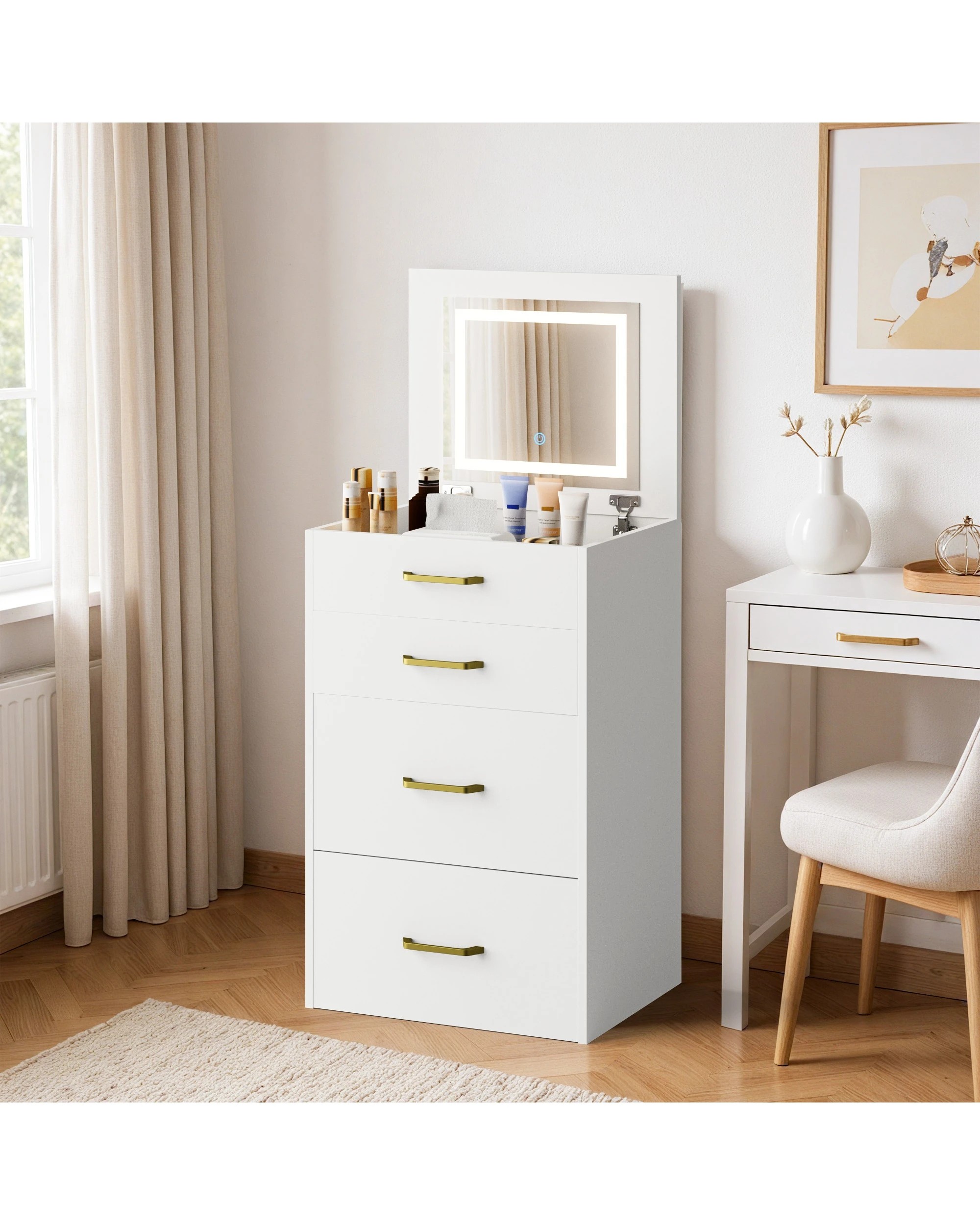 4 Advwin Dressing Table Stool Set with Flip-up Mirror - White, 4 of 10