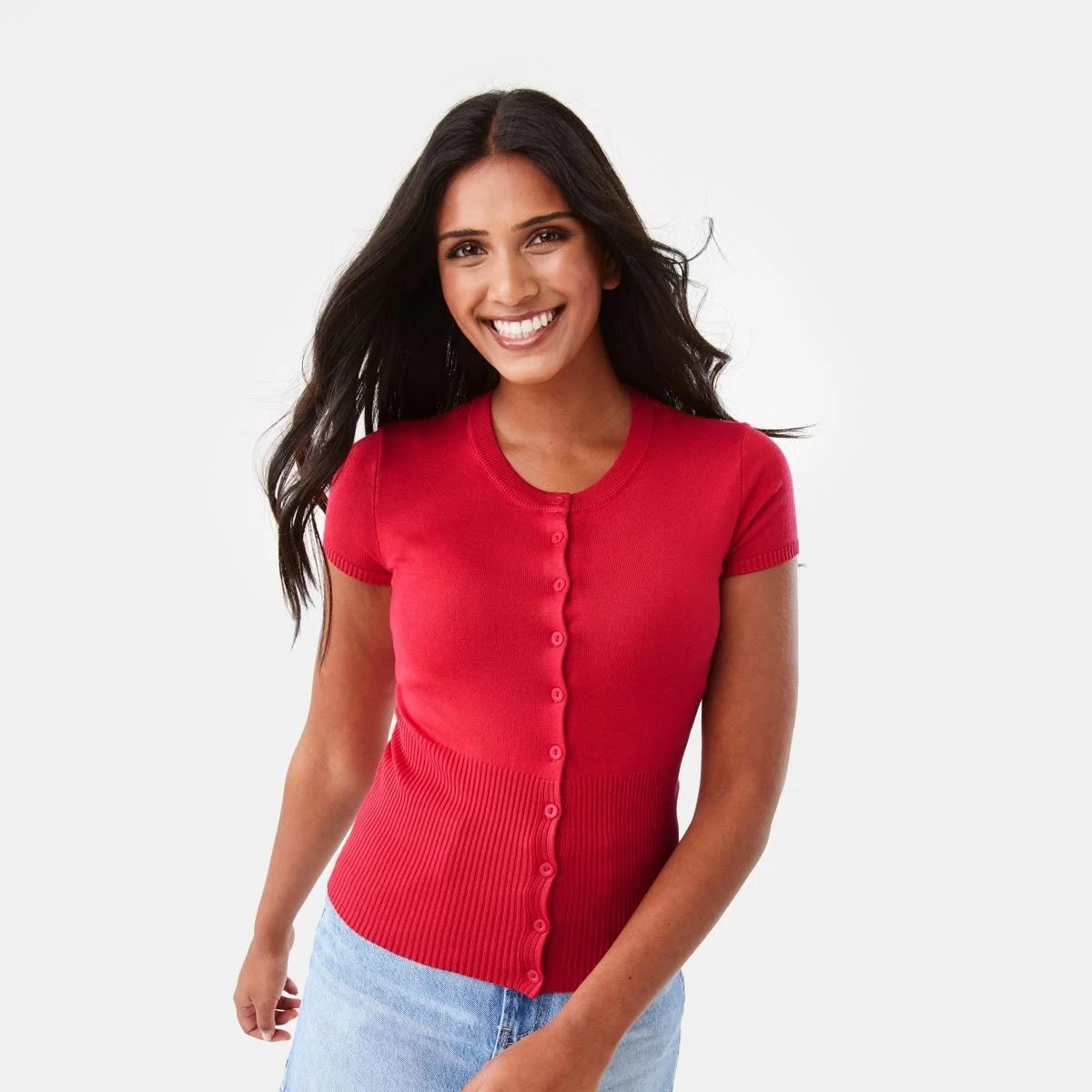 1 Short Sleeve Longline Button Up Top Strawberry, 1 of 8