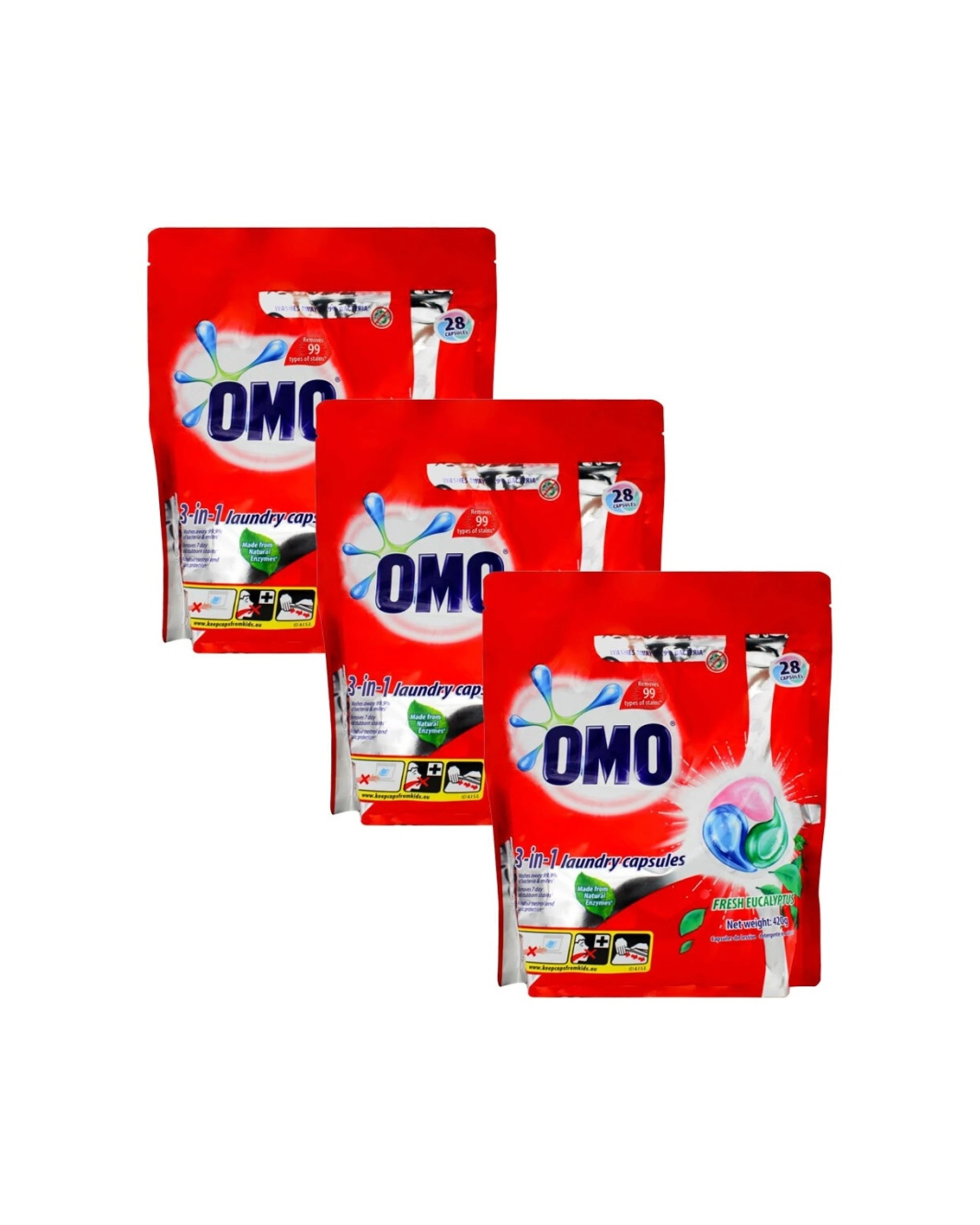 1 Omo 3-In-1 Laundry Capsules Fresh Eucalyptus Front And Top Loader 3 x 28pc, 1 of 3
