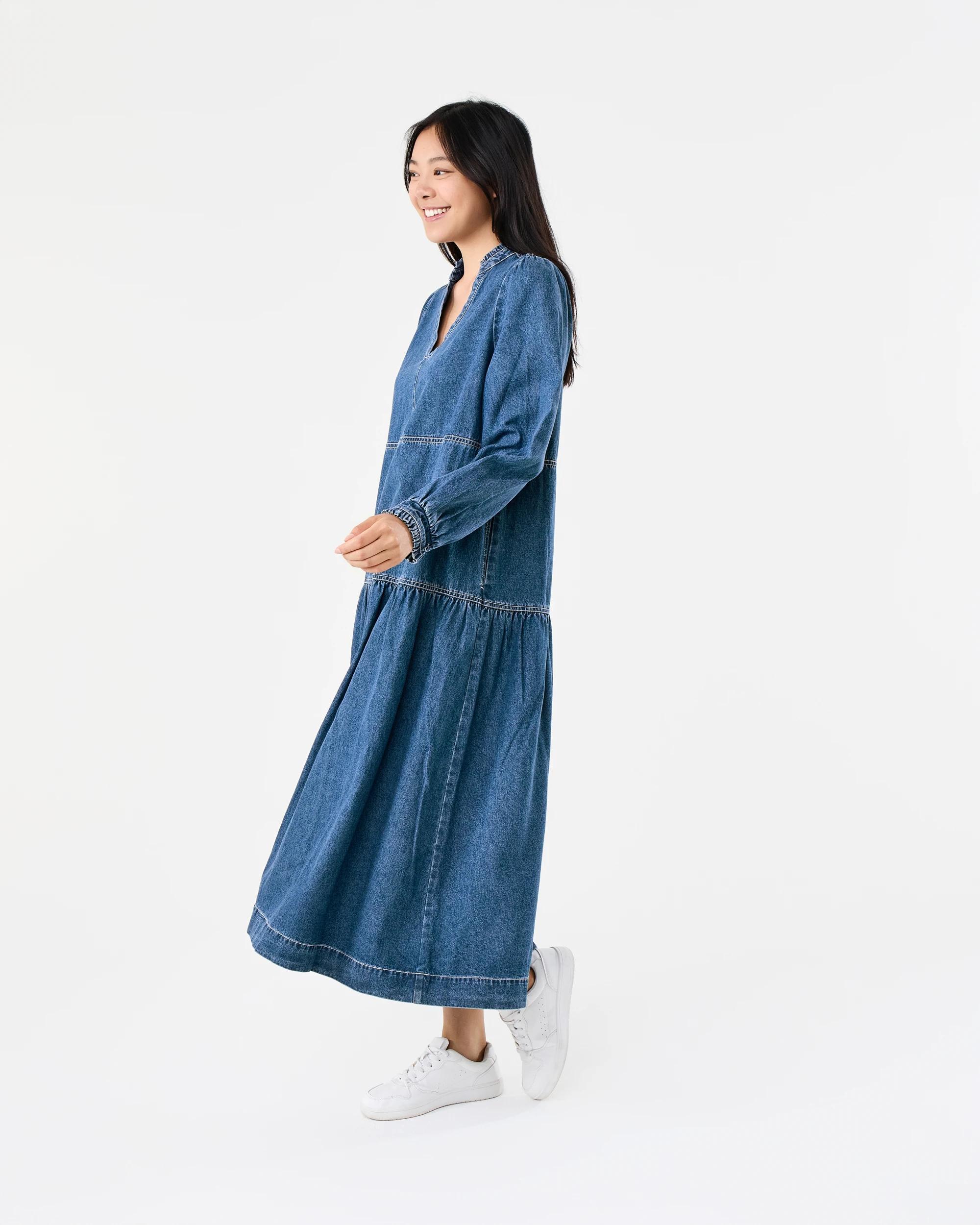 2 Long Sleeve Denim Notch Neck Maxi Dress Mid Wash, 2 of 8
