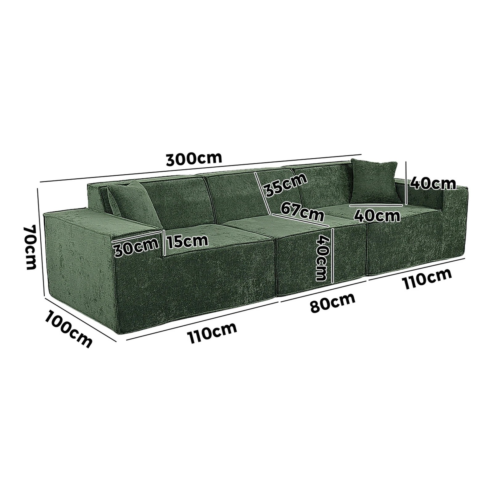 2 Oikiture Modular Sofa Compressed Convertible Couch 300cm Chenille - Green, 2 of 7