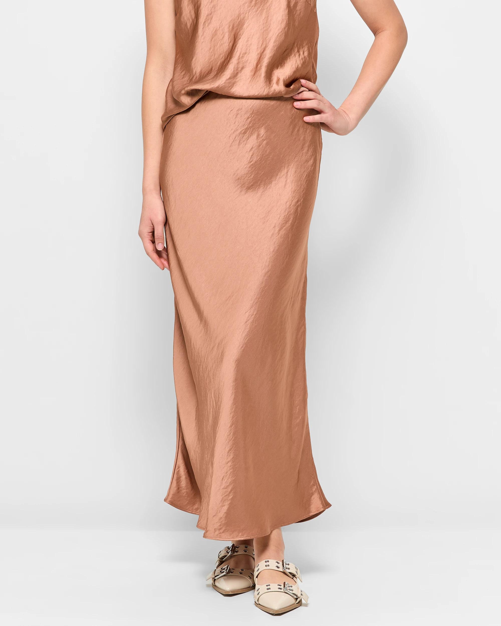 2 Crushed Satin Midi Skirt - Preview TAWNY BROWN, 2 of 5