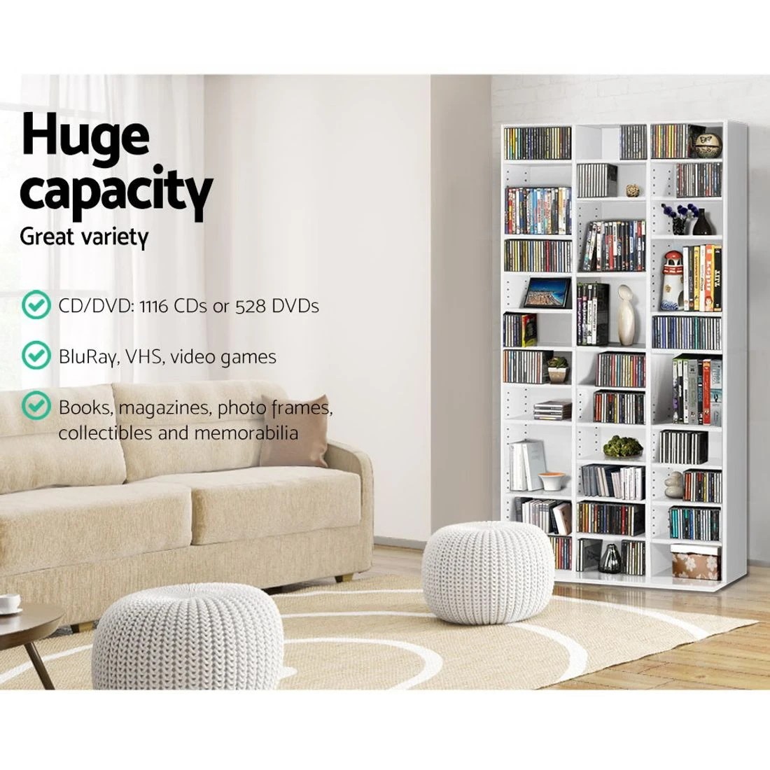 6 Artiss Bookshelf CD Storage Rack Media Tower Home Office Organizer Space Saving Decor Sturdy Easy Assembly - White, 6 of 10