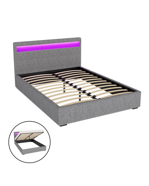 Artiss Cole LED Bed Frame Fabric Gas Lift Storage - Grey Queen
