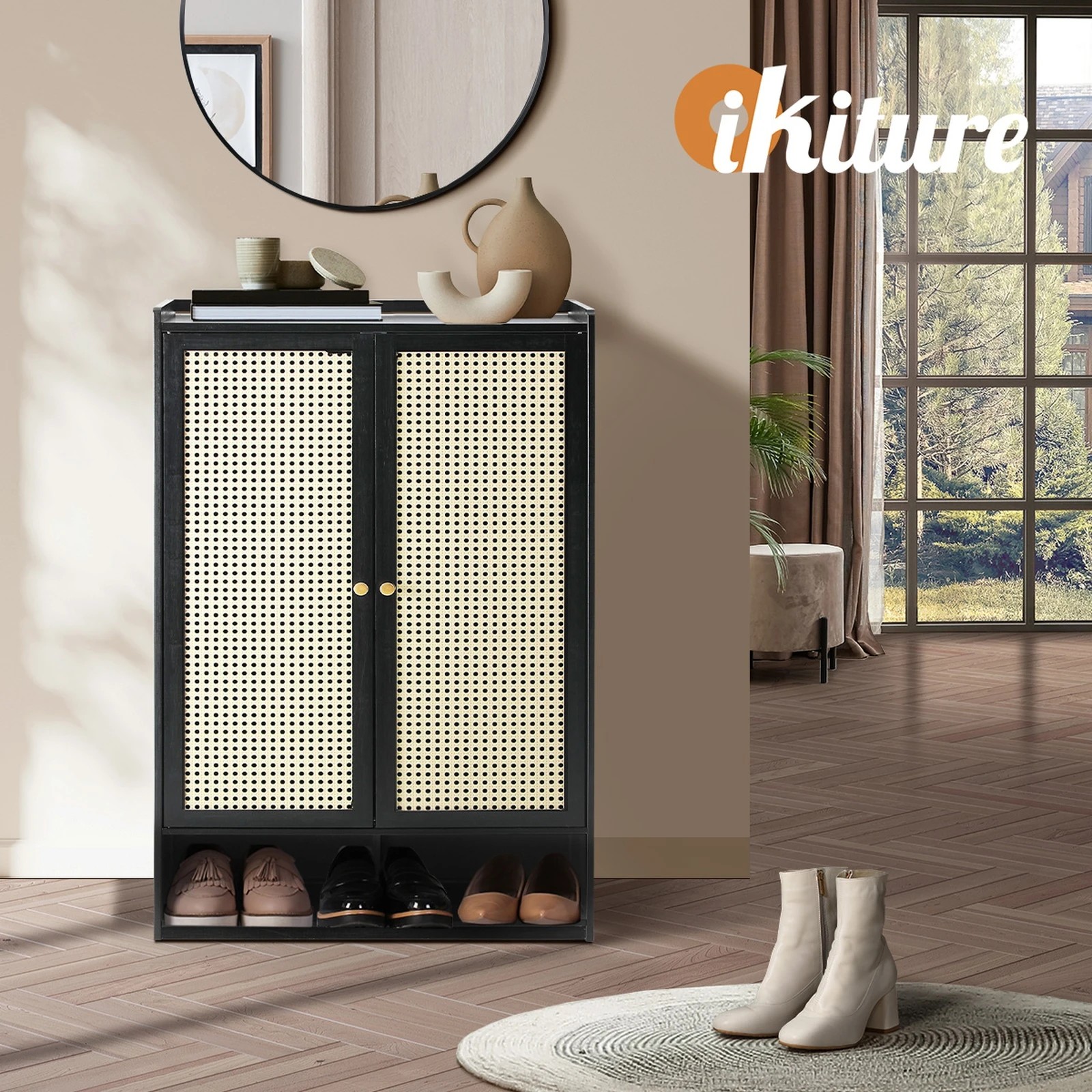 6 Oikiture Shoe Storage Cabinet Shoes Rack Organiser Shelf 2 Doors Rattan
 - Black, 6 of 10