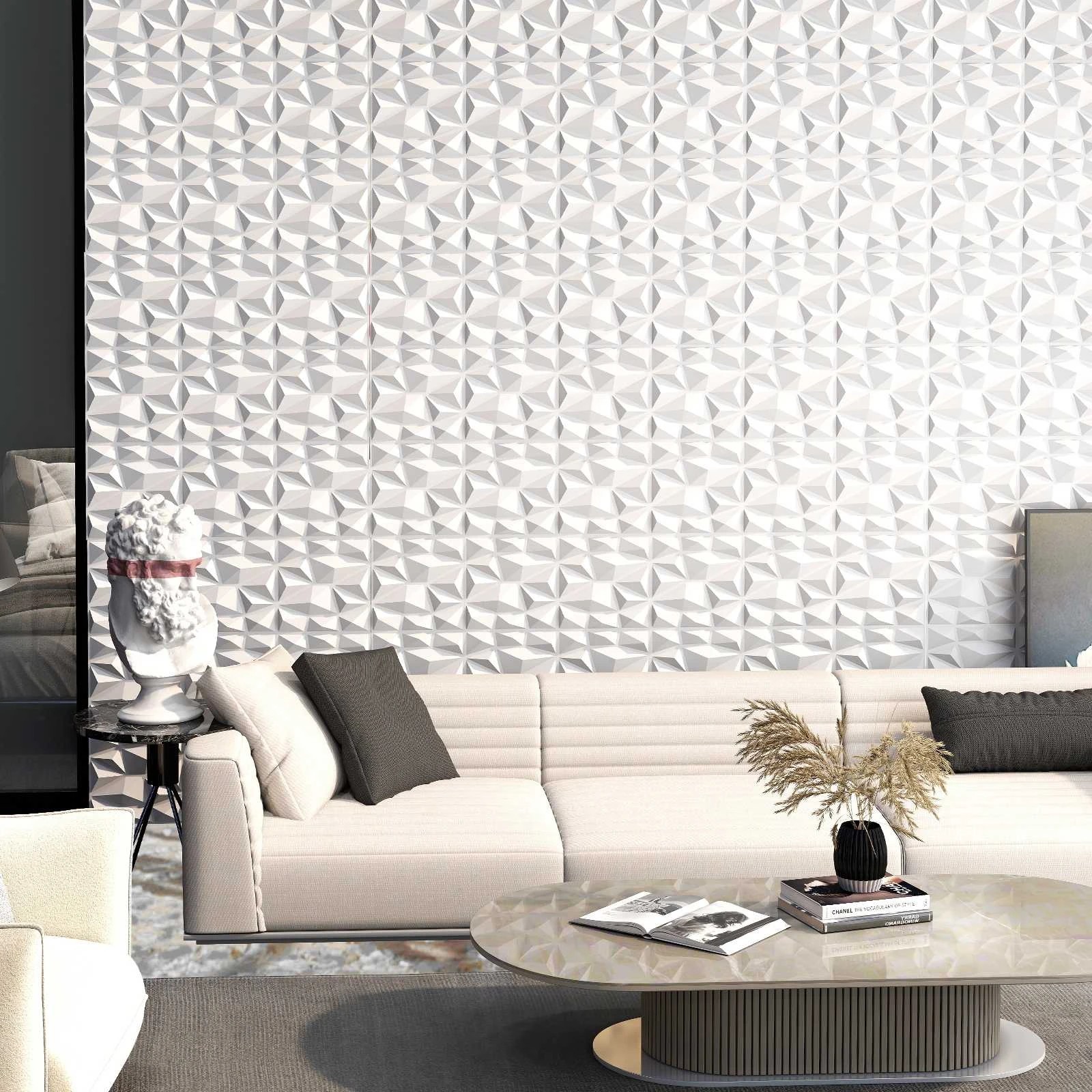 2 Costway 50-Pack 3D Wall Panels Accent PVC Wall Decoration Diamond Patterned - White, 2 of 3