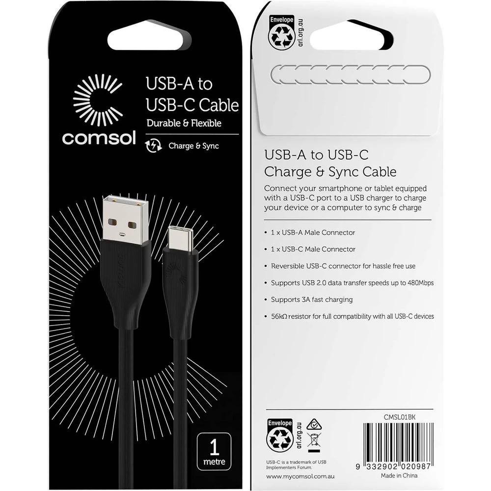 6 Comsol USB-A to USB-C Cable 1m Black, 6 of 6
