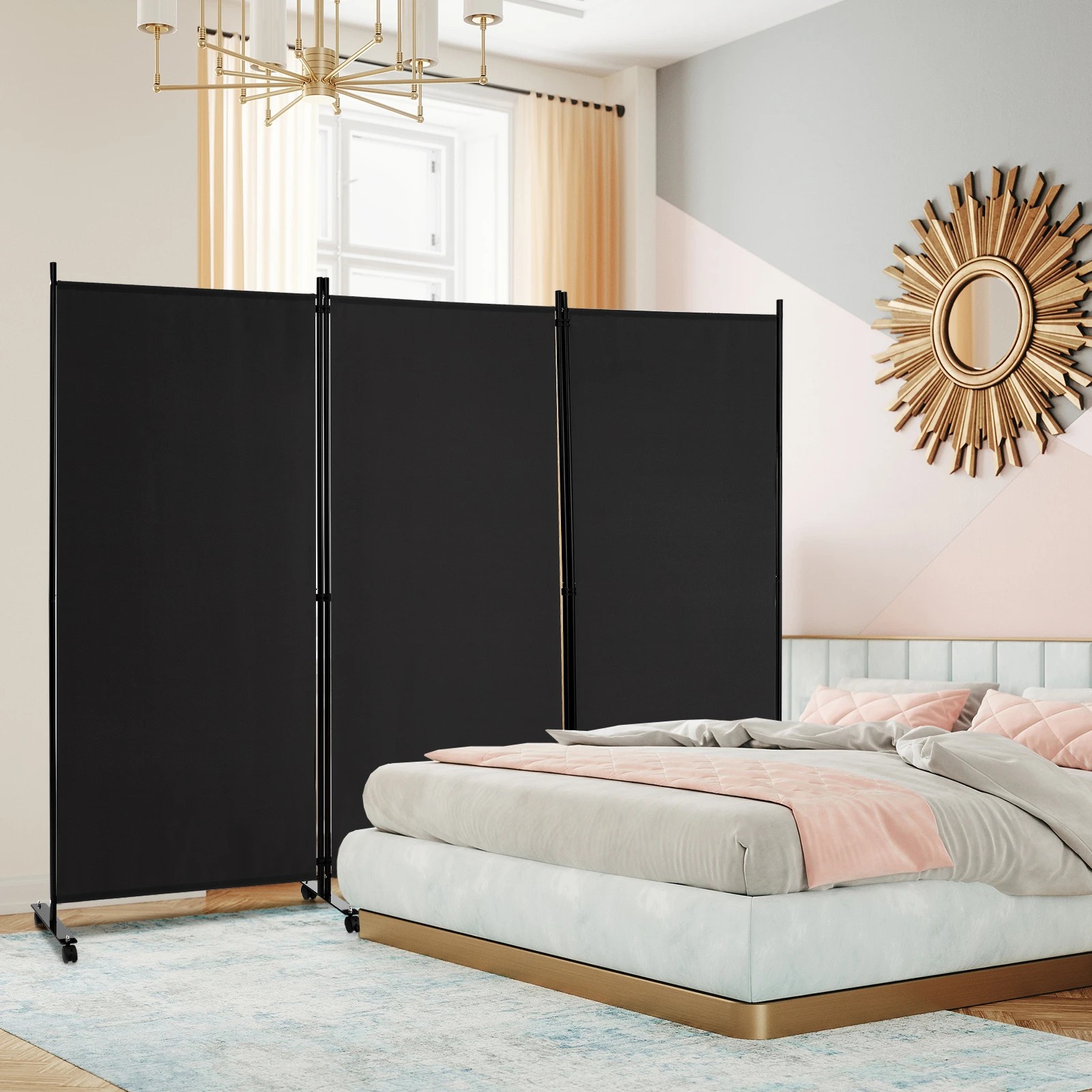 2 Costway 3 Panels Folding Tall Room Divider Mobile Privacy Screen Wall Partition Home Office - Black, 2 of 4