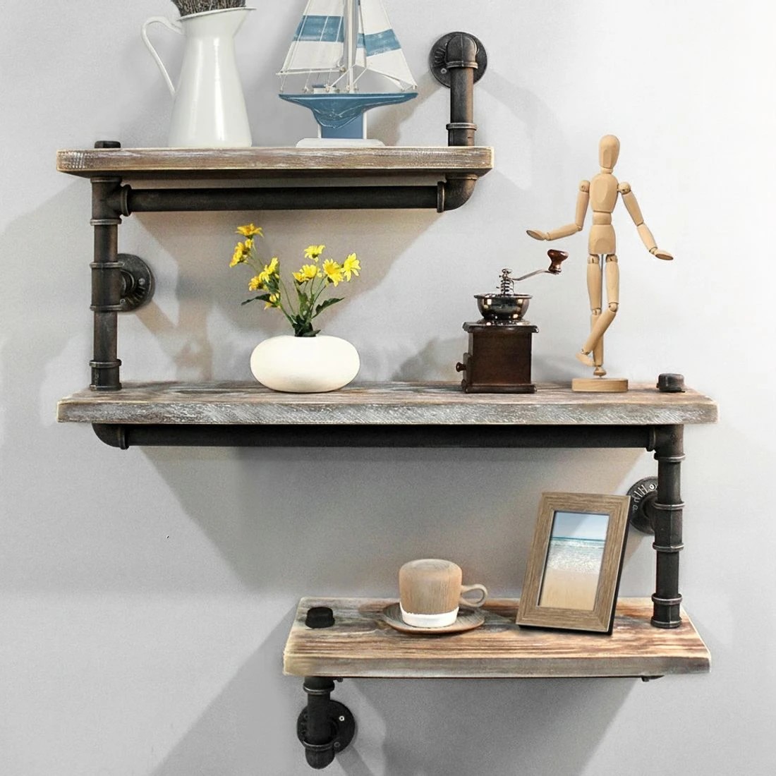 6 Artiss Floating DIY Pipe Shelf 3 Tiers - IONA - Natural, 6 of 8