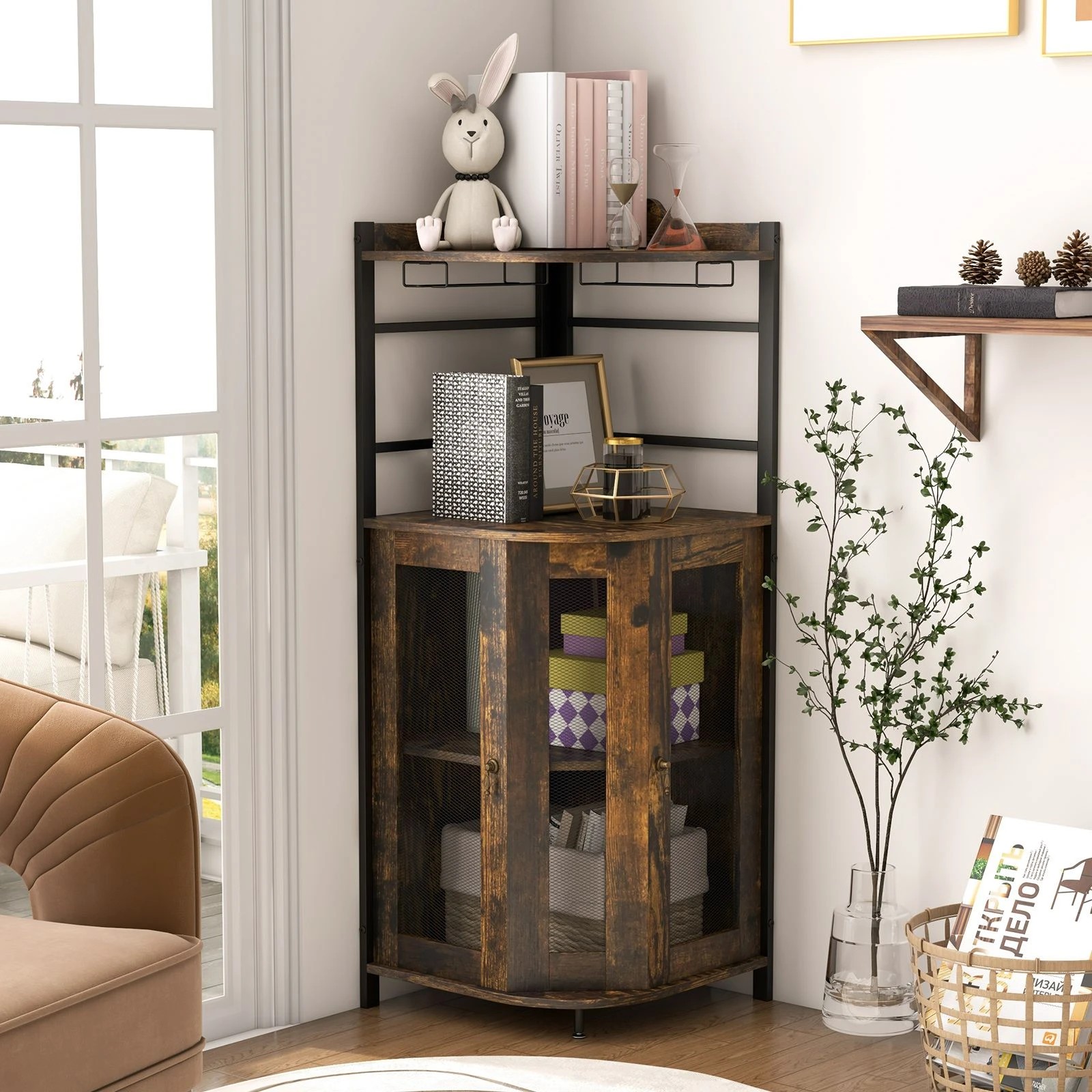 2 Costway Corner Buffet Bar Cabinet Brown, 2 of 5