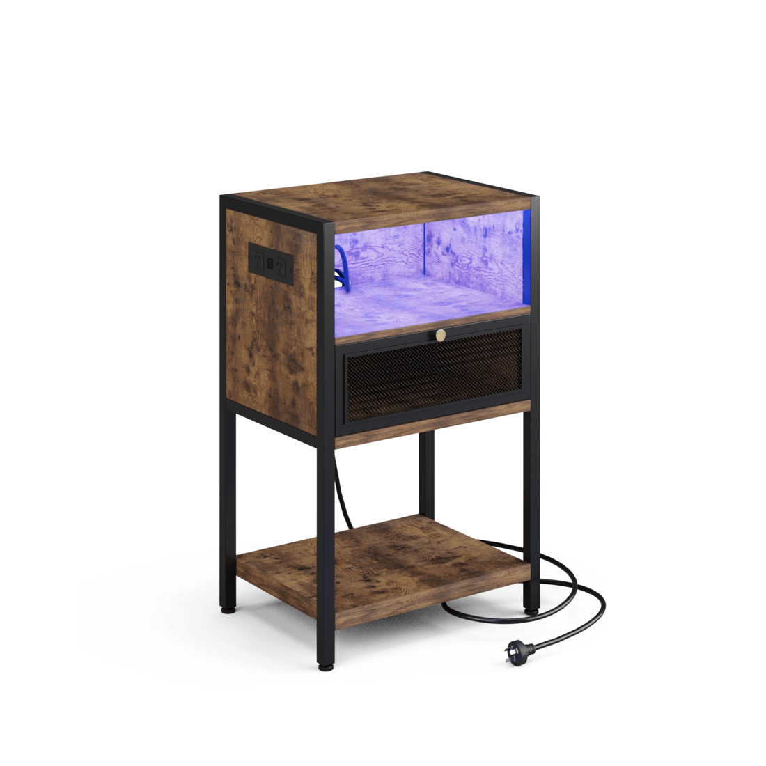 5 Advwin 2x LED Bedside Table with Charging Station Metal Mesh Drawer Nightstand Side Table - Brown, 5 of 9