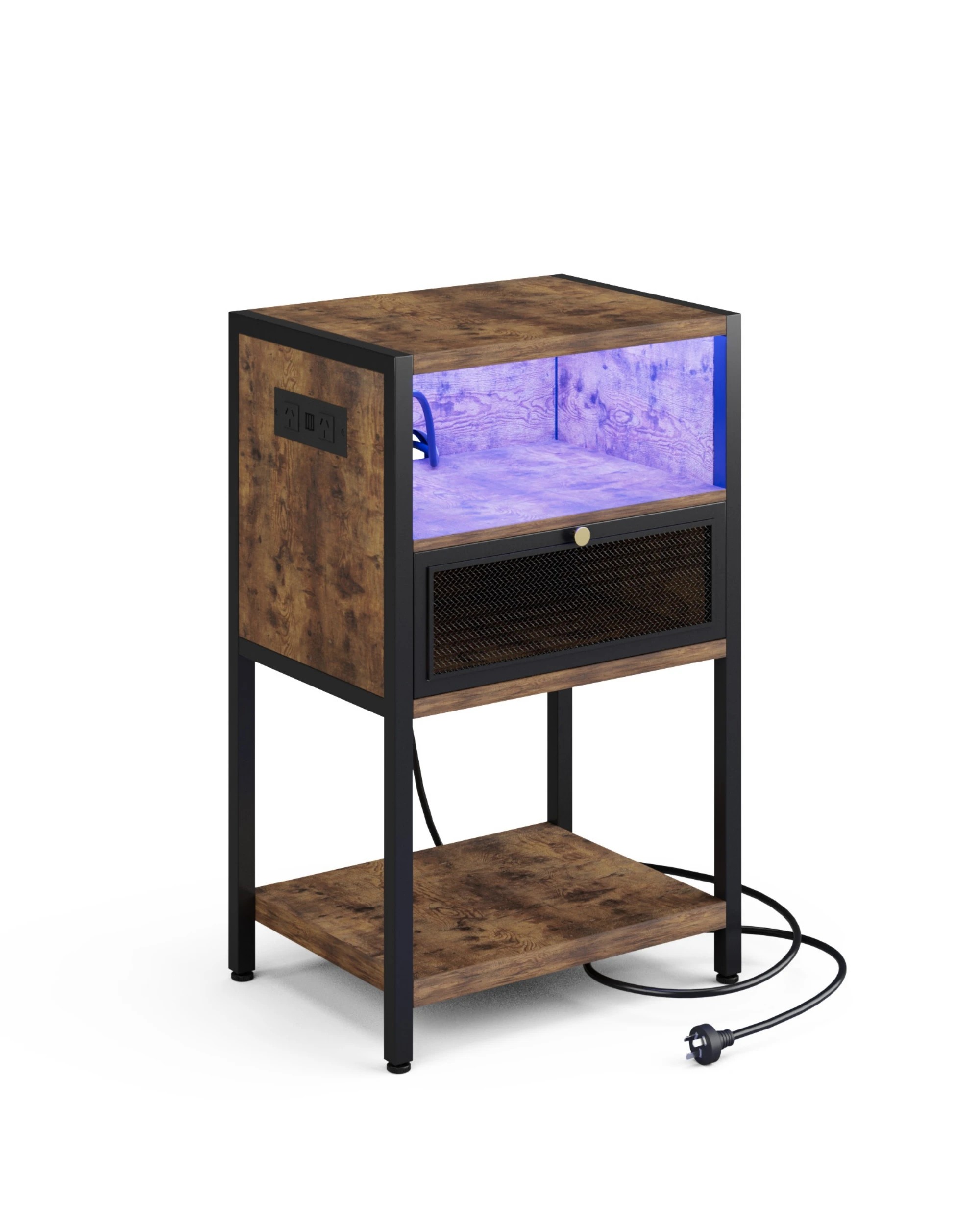 5 Advwin 2x LED Bedside Table with Charging Station Metal Mesh Drawer Nightstand Side Table - Brown, 5 of 9