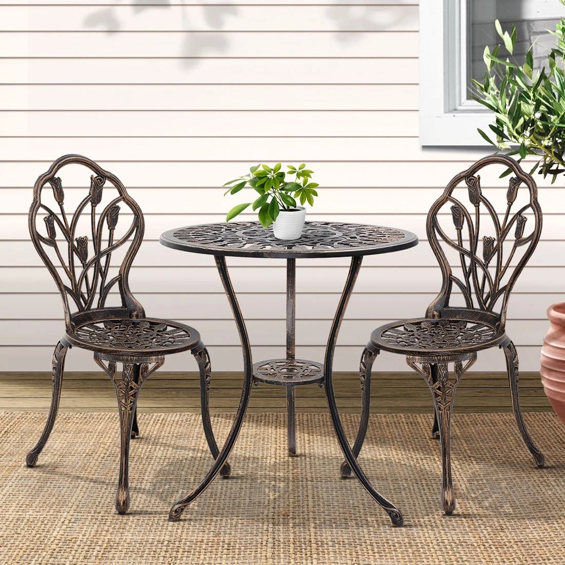 3 Gardeon 3PC Outdoor Setting Bistro Set Chairs Table Cast Aluminum Patio Furniture Tulip Bronze - Bronze, 3 of 5