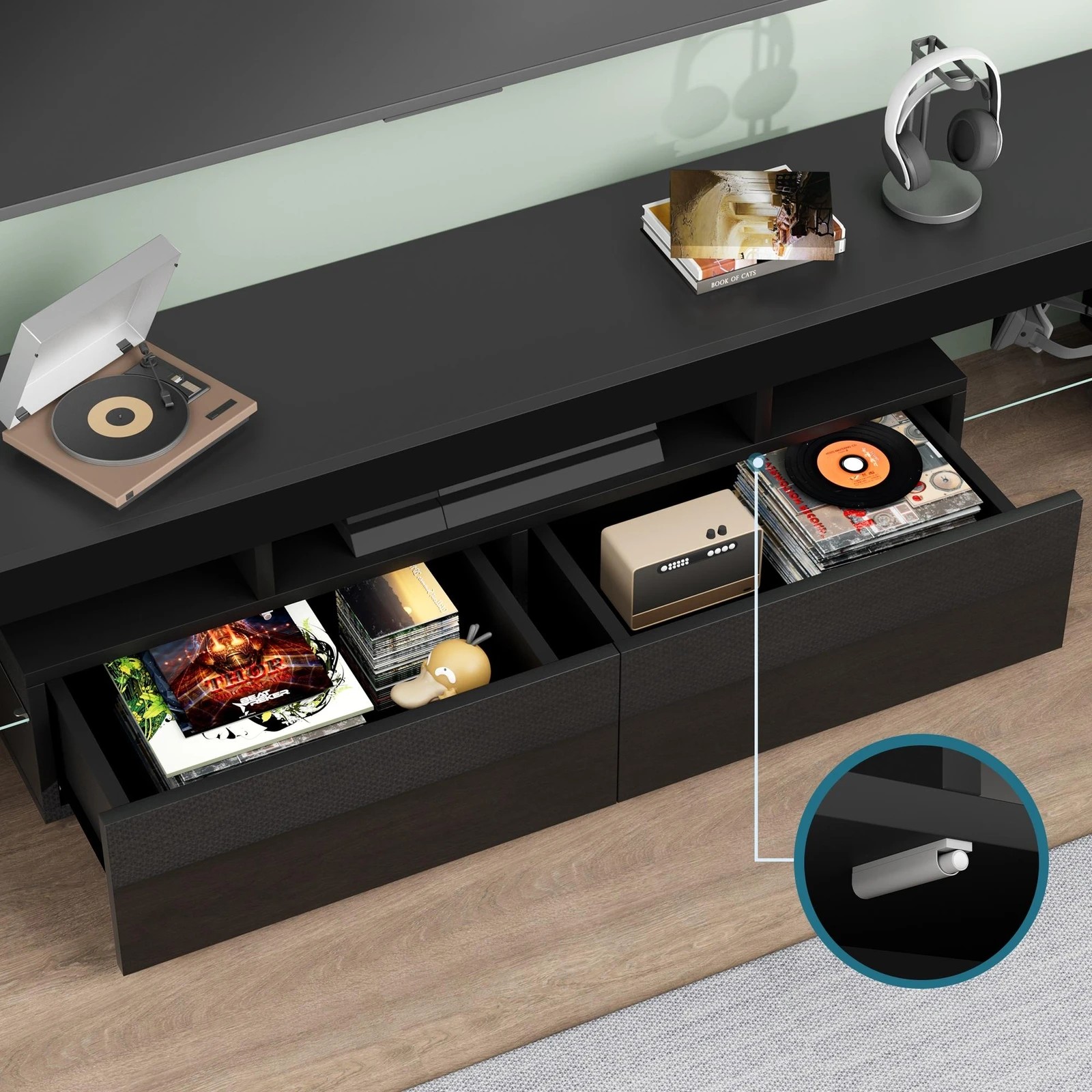 8 Alfordson Entertainment Unit 180cm TV Stand LED Light Storage Gloss - Black, 8 of 10