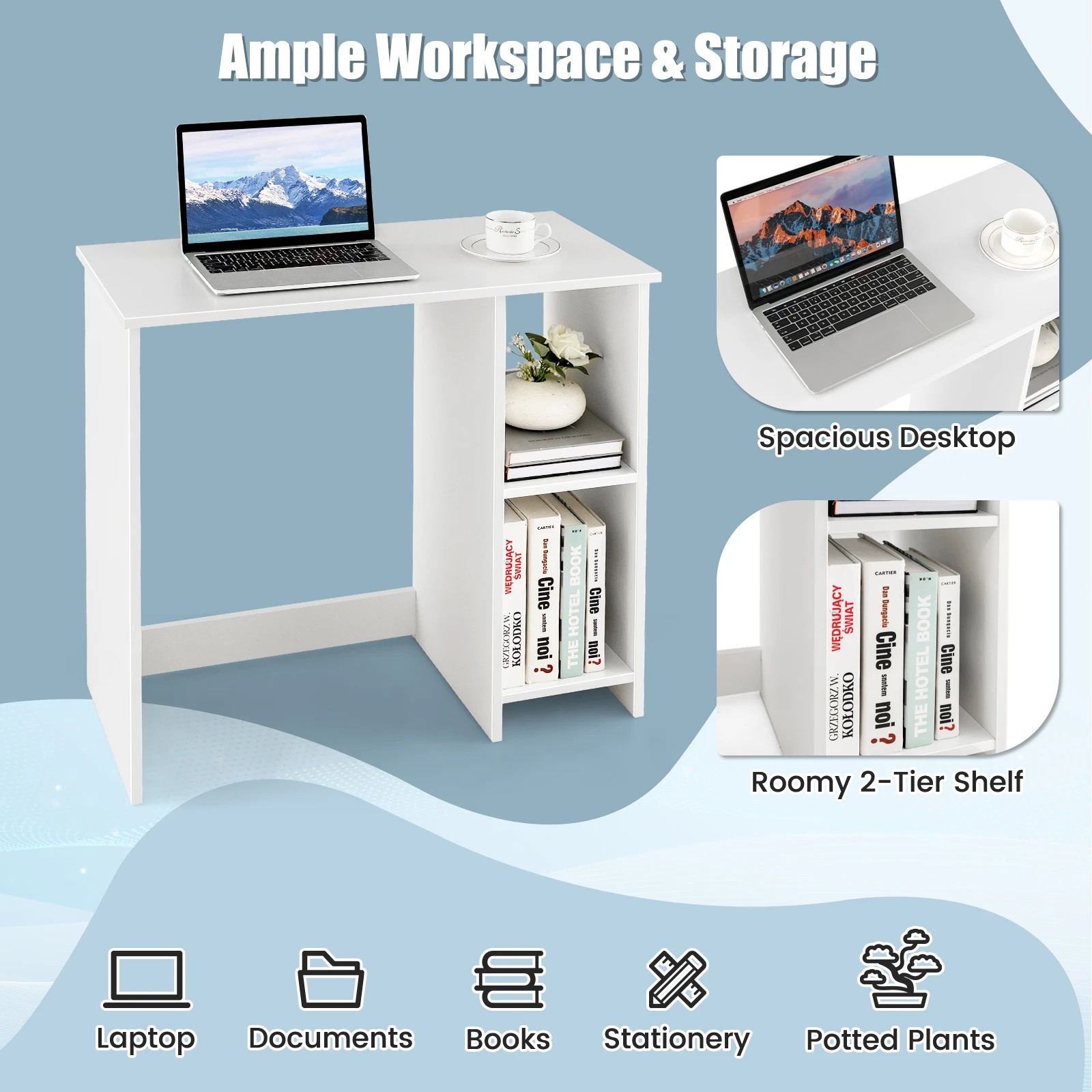 5 Costway 80cm Wood Computer Desk Home Office Desk - White, 5 of 9