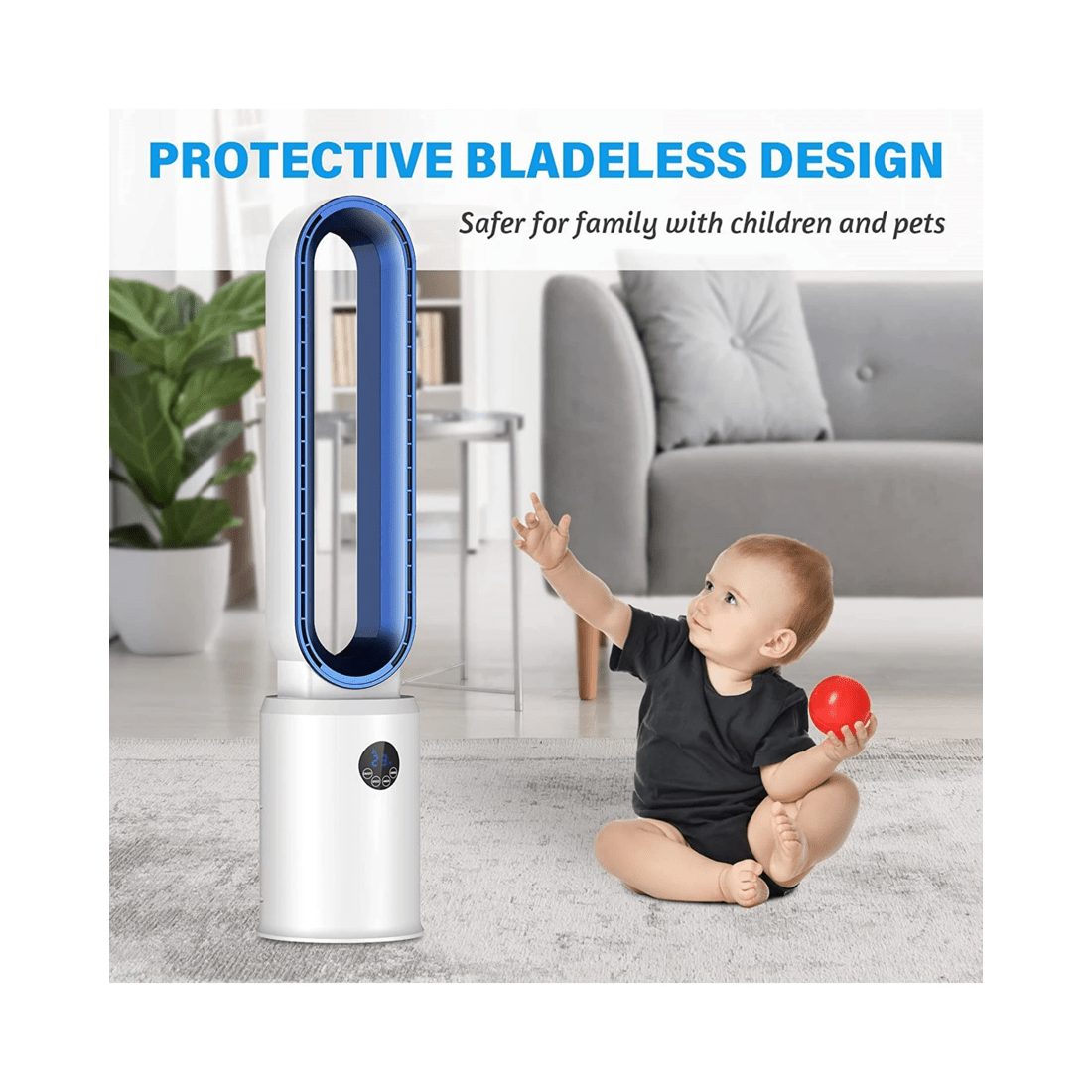 6 Advwin Bladeless Tower Fan, Standing Floor Fan Air Circulator with Remote Control Speeds Adjustable, Blue, 6 of 7