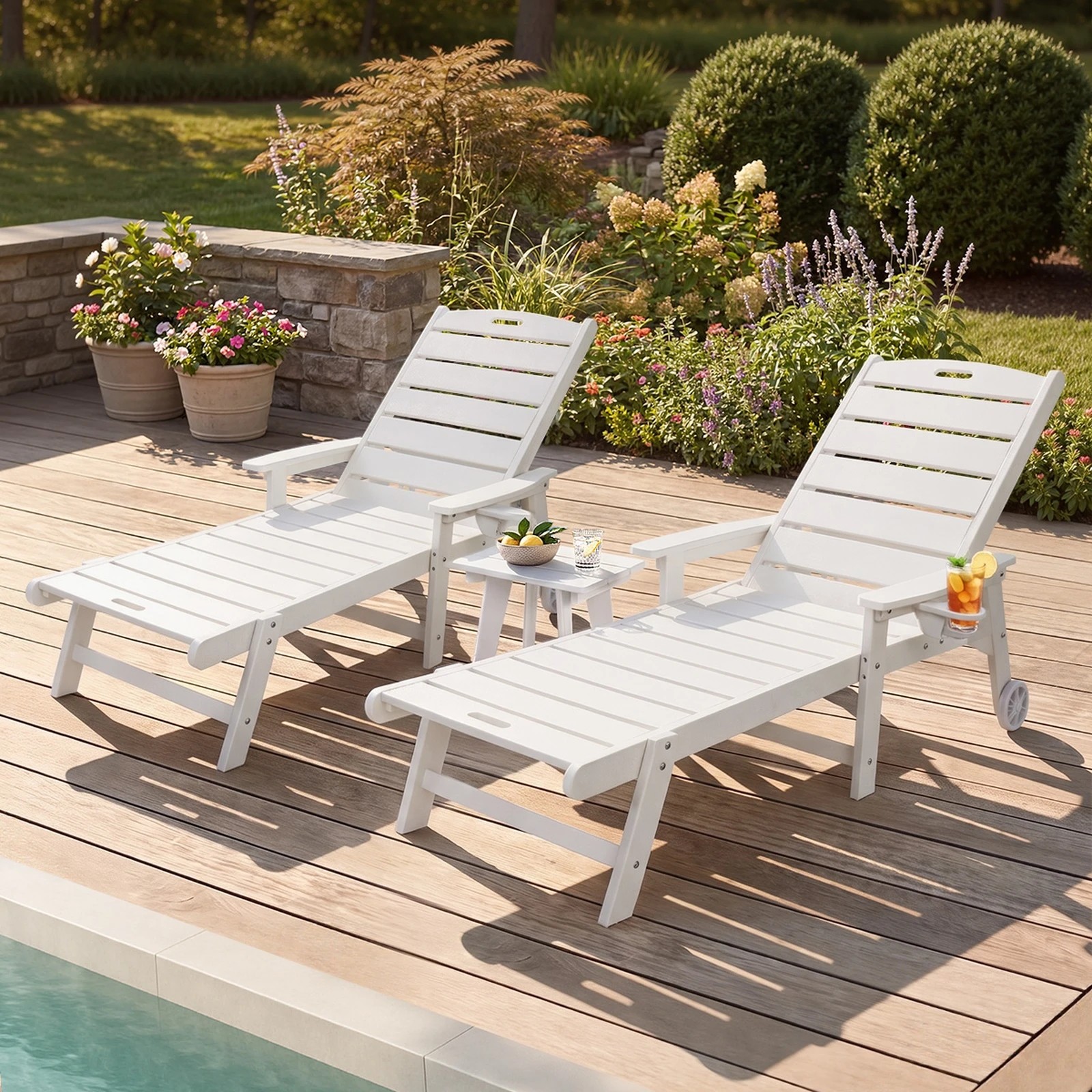 Livsip 3PCS Sun Lounge Set HDPE Lounger Beach Chair Patio Outdoor ...