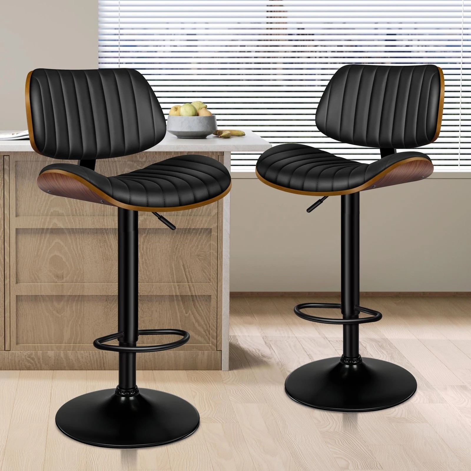 2 Alfordson 1x Bar Stool Kitchen Swivel Chair Wooden Leather Gas Lift - Black, 2 of 9