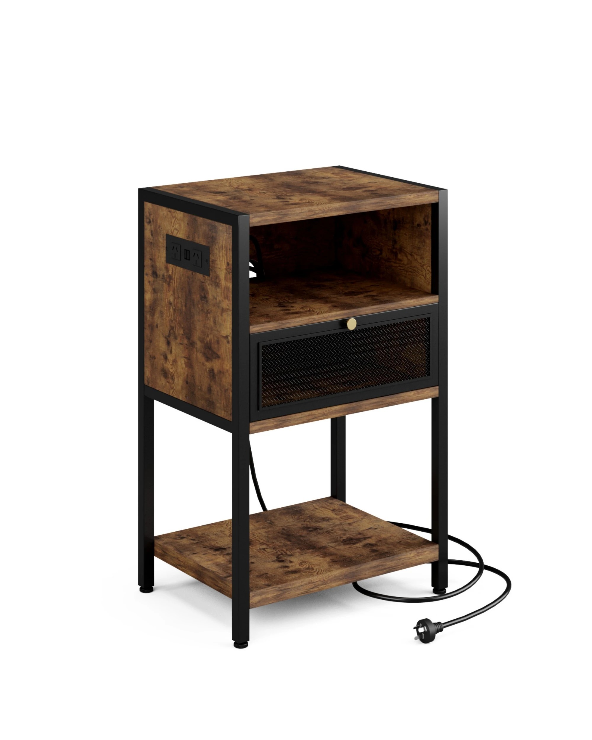 7 Advwin 2x Bedside Table with Charging Station Metal Mesh Drawer Nightstand Side Table - Brown, 7 of 9