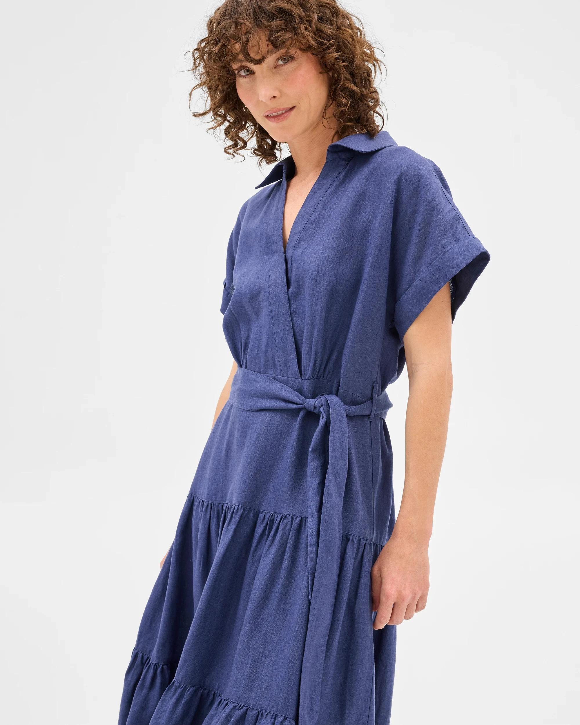 2 Target Woman European Linen Tiered Wrap Midi Dress BLUE INDIGO, 2 of 6