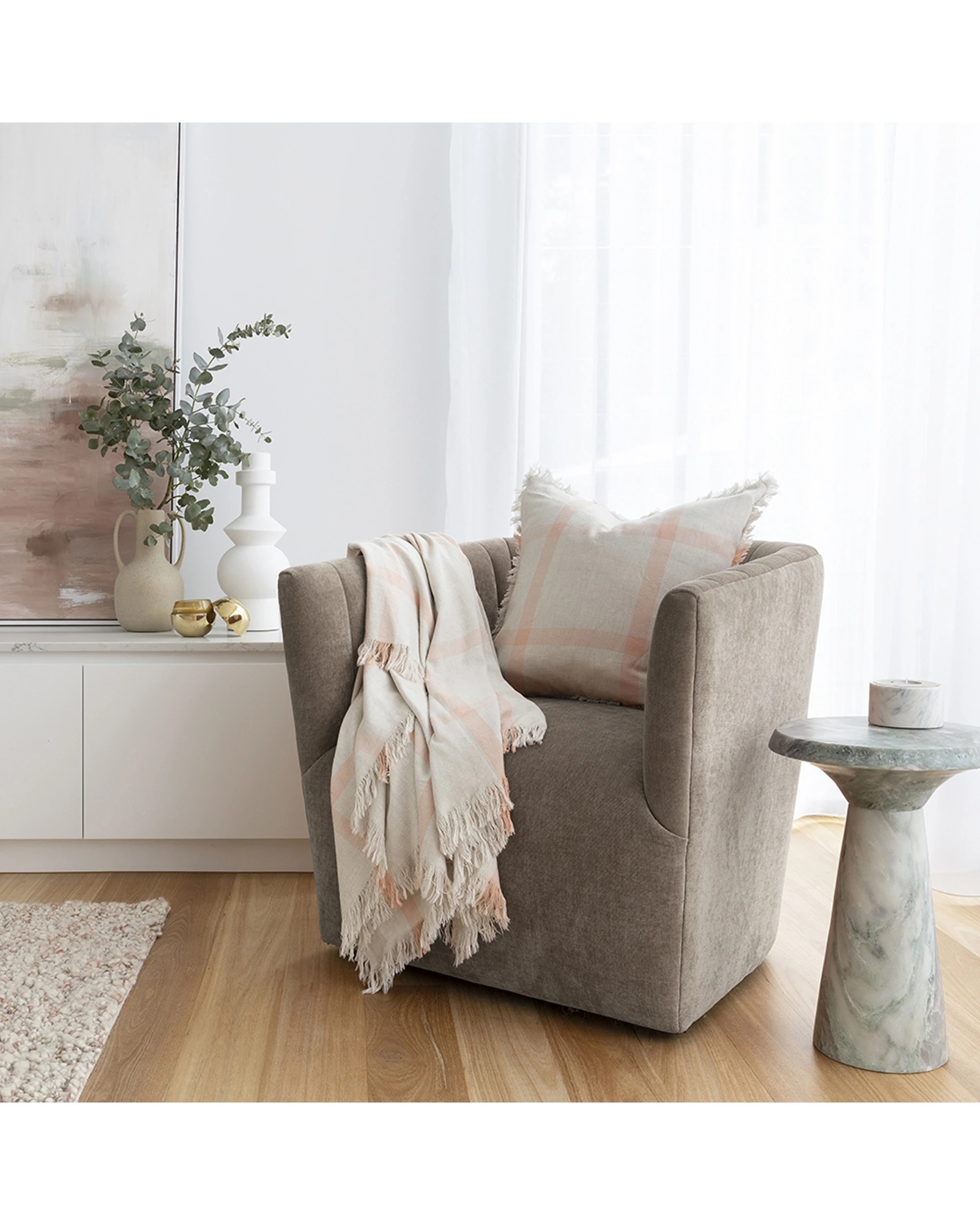 3 Bambury Stewart Checked Cotton  Square Cushion Papaya - Orange, 3 of 3