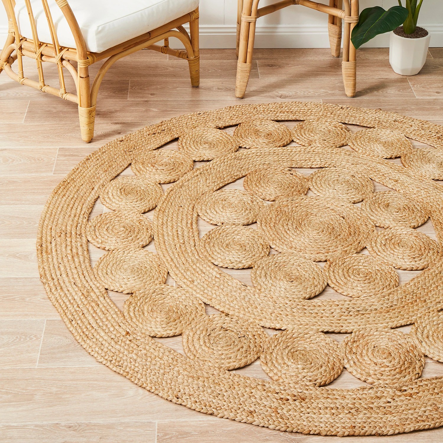 1 Common Ground Rugs Solace Pilu 120x120cm - Small Round Handwoven Jute Rug - Natural, 1 of 6