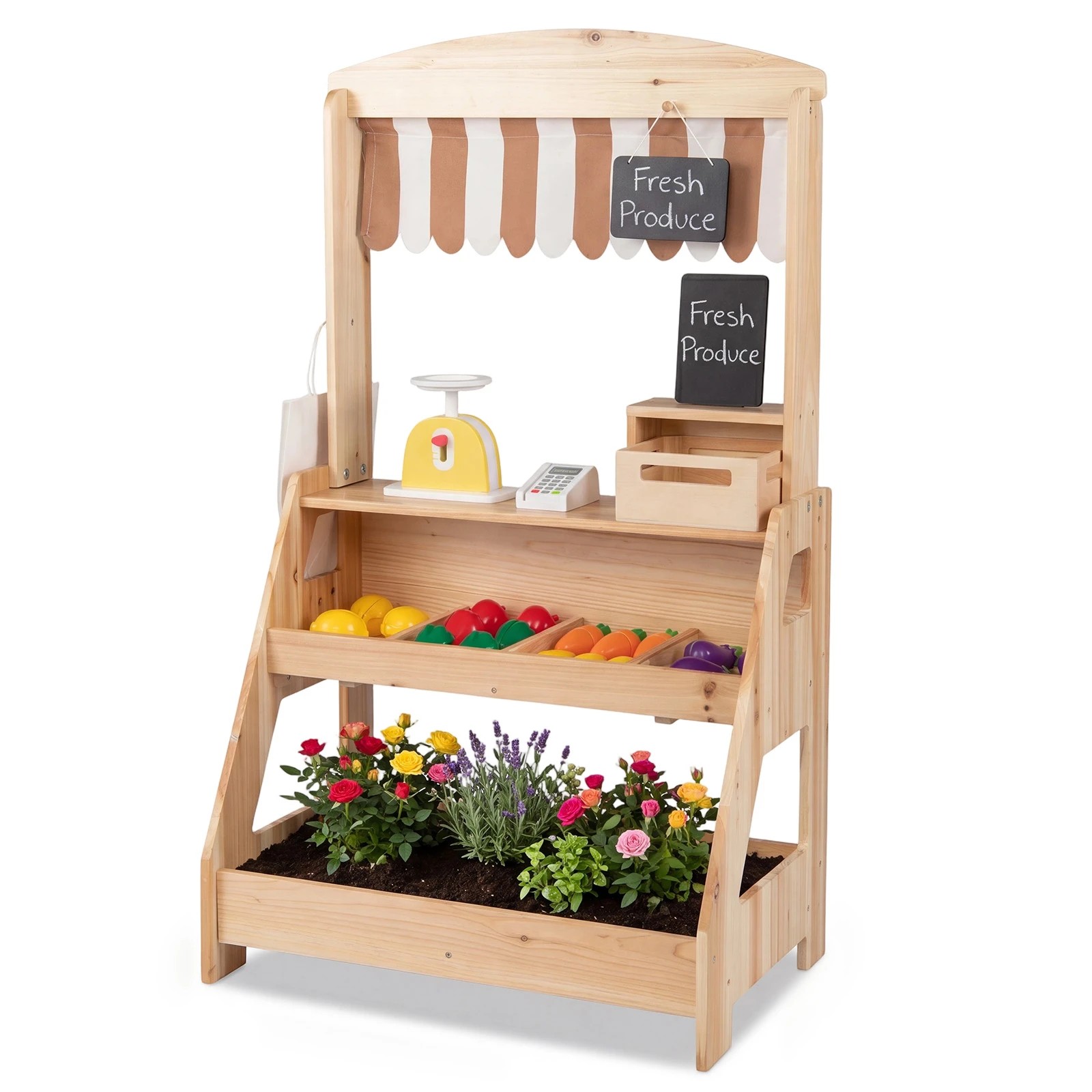 1 Costway Wood Mud Kitchen & Market Stand 2in1 Pretend Playset Planter Box 2 Chalkboard - Natural, 1 of 4
