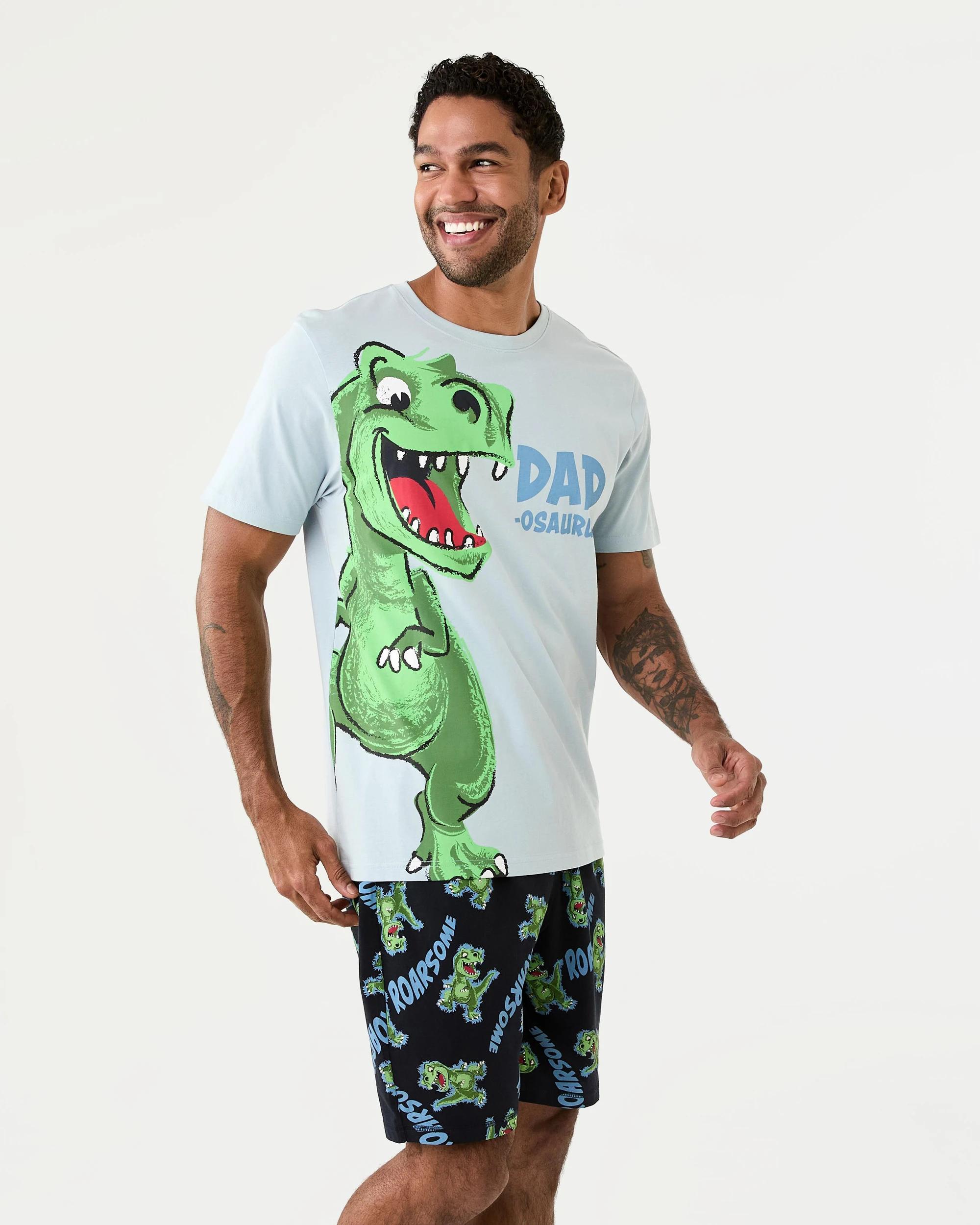 2 Short Sleeve Knit Short Mini Me Pyjama Set Dadosaurus, 2 of 9