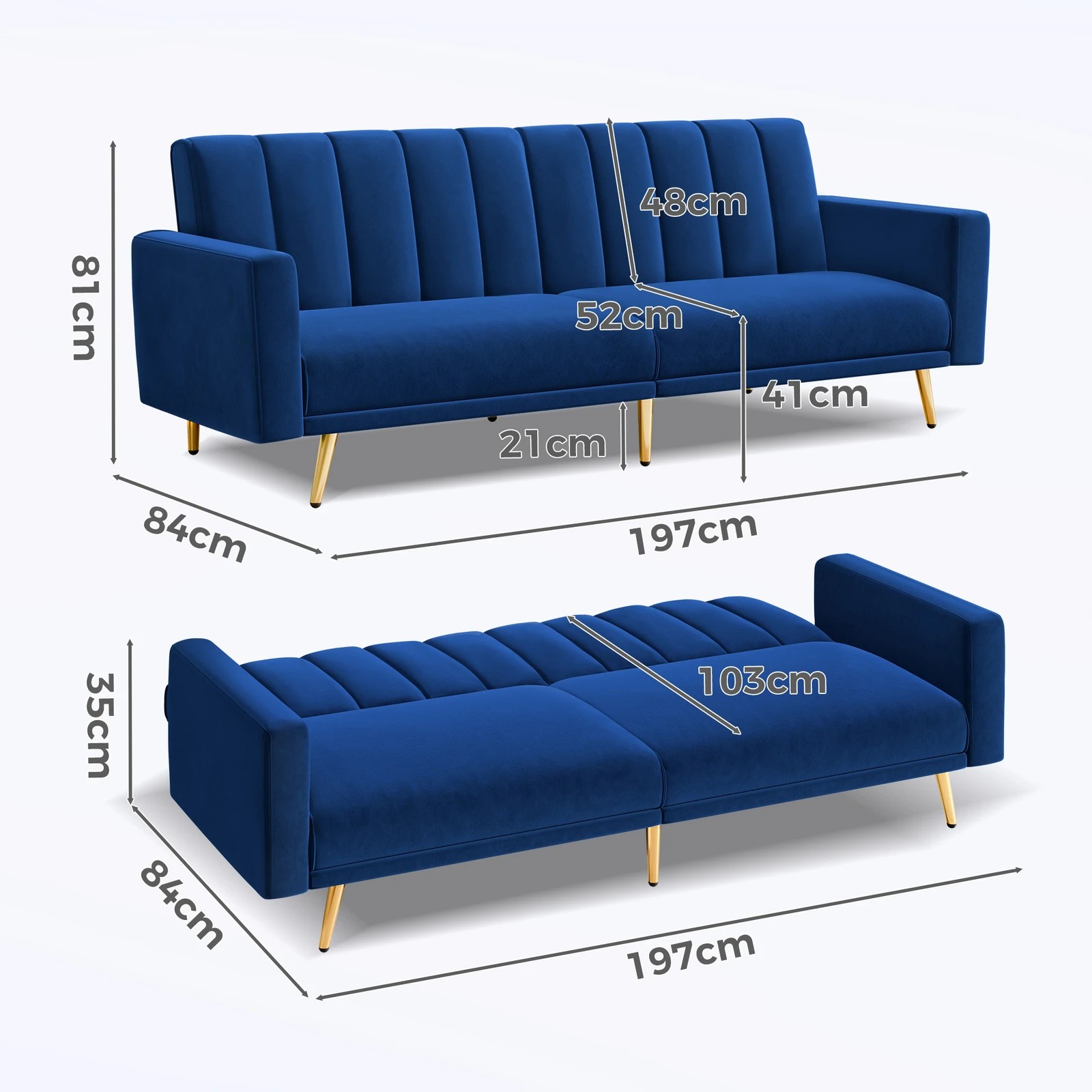 4 Alfordson Sofa Bed Couch 3 Seater Lounge Velvet - Blue, 4 of 9
